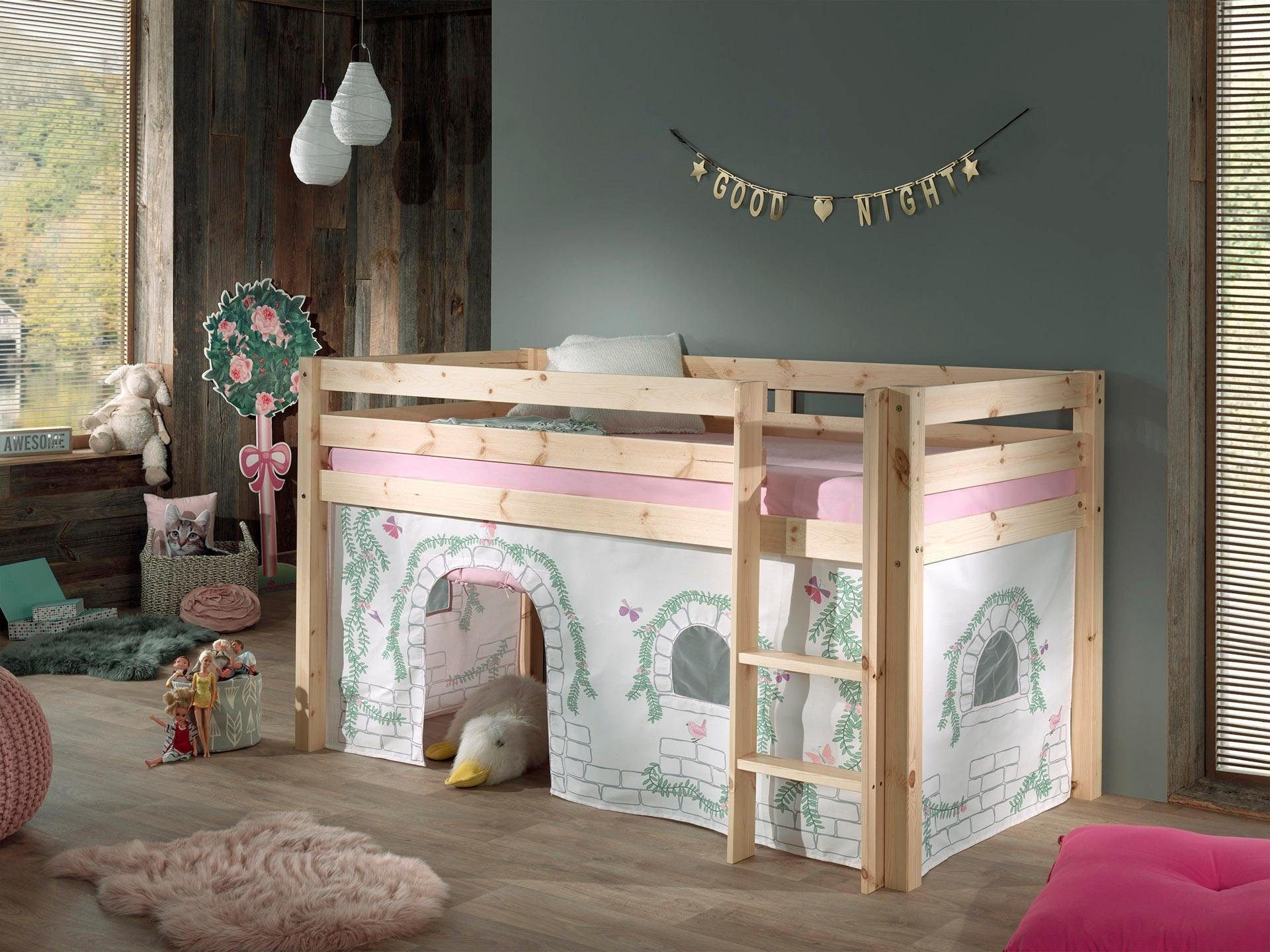 Vipack Hochbett »Pino, Spielbett massiv Kiefer, stabil gebaut, 3 Korpusfarben zur Wahl« inkl. Rolllattenrost, Leiter und Absturzschutz, mit oder ohne Rutsche,  Textil-Set "Astronaut", inkl. Vorhang, mit oder ohne Tunnel
