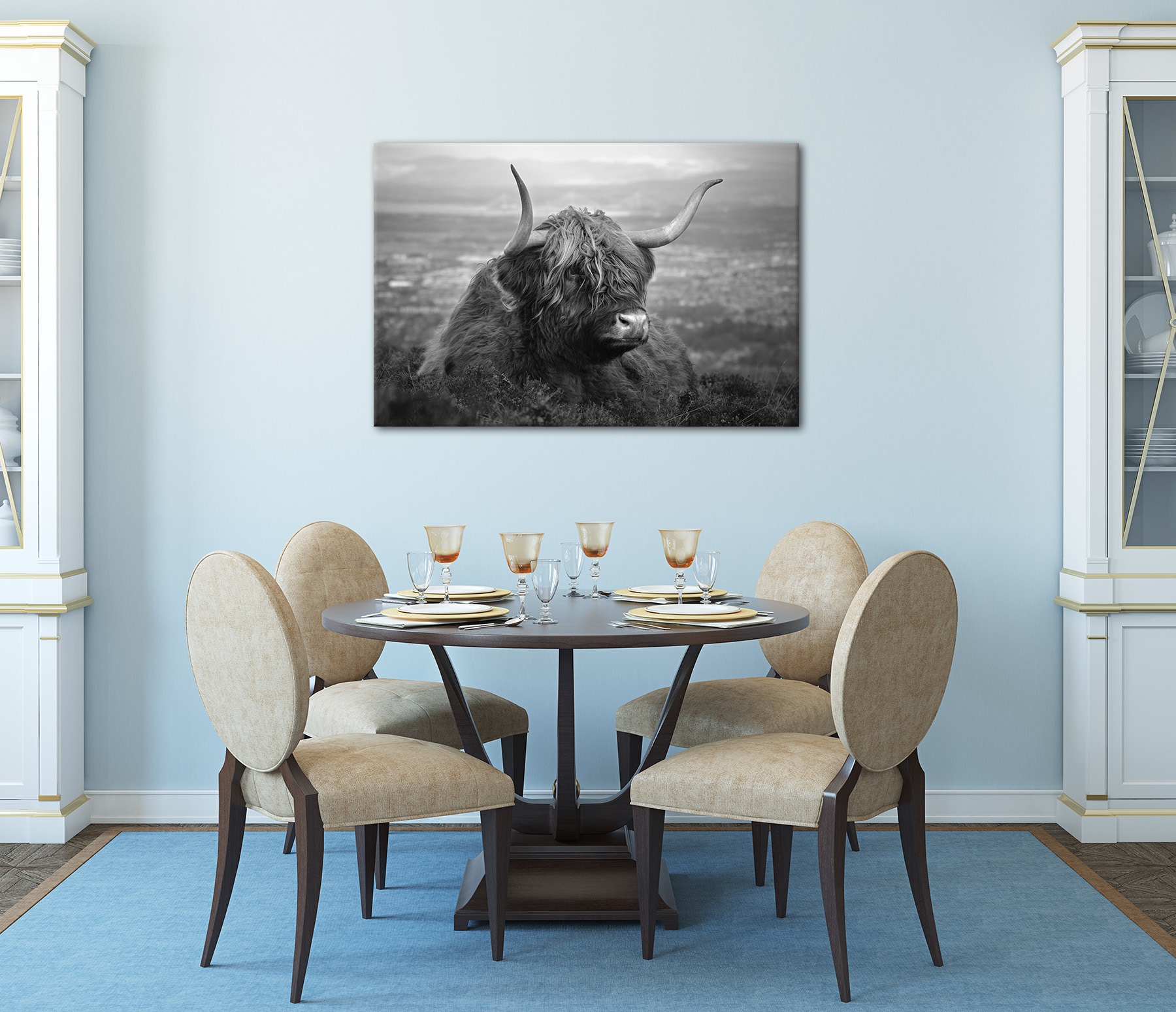 Bönninghoff Bild »Wandbild HOCHLANDRIND AM SEE 60x90 cm – Leinwandbild Keilrahmen Deko« Hochlandrind | Kuh | Schwarz-Weiss auf Keilrahmen gespannt