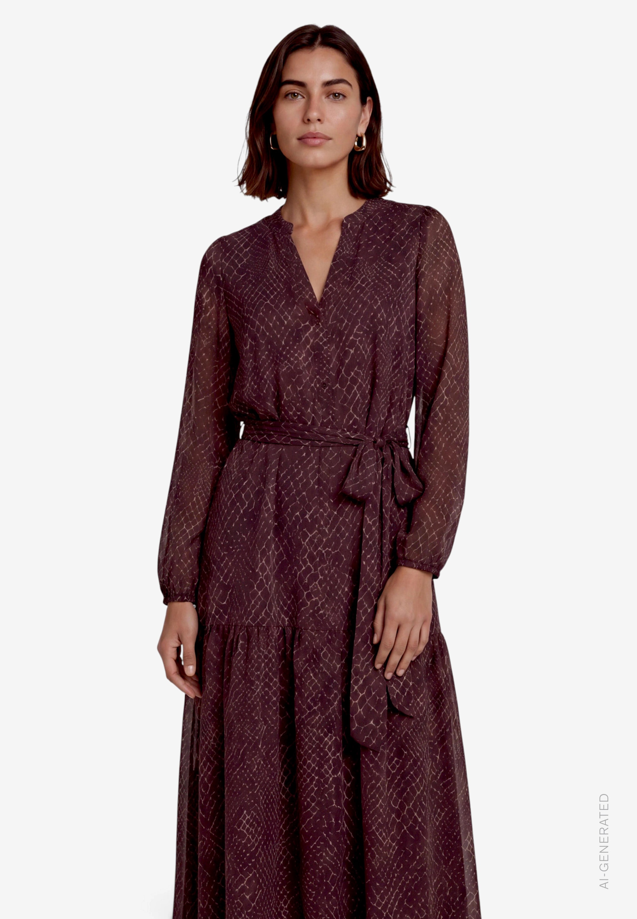 Image of Zero Maxikleid Ohne Taschen in Allover-Optik / Tunika-Kragen mit Bindeband
