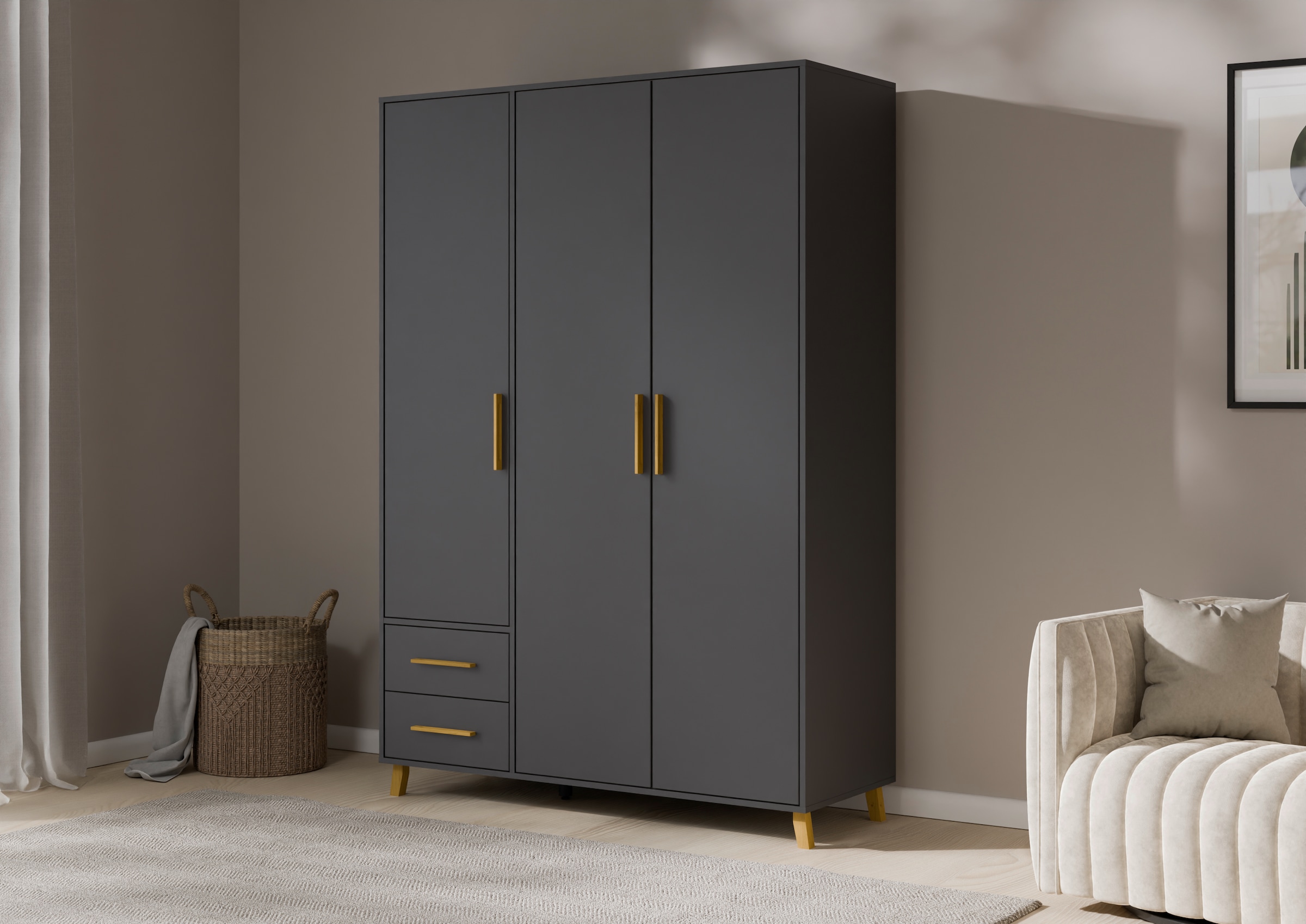 rauch Drehtürenschrank »Kleiderschrank Schrank Garderobe SHINJO Breiten 93/140/187 cm« in 3 verschiedenen Ausstattungen BASIC/CLASSIC/PREMIUM,  Griffe und Füsse aus Massivholz mit 2 Schubladen MADE IN GERMANY