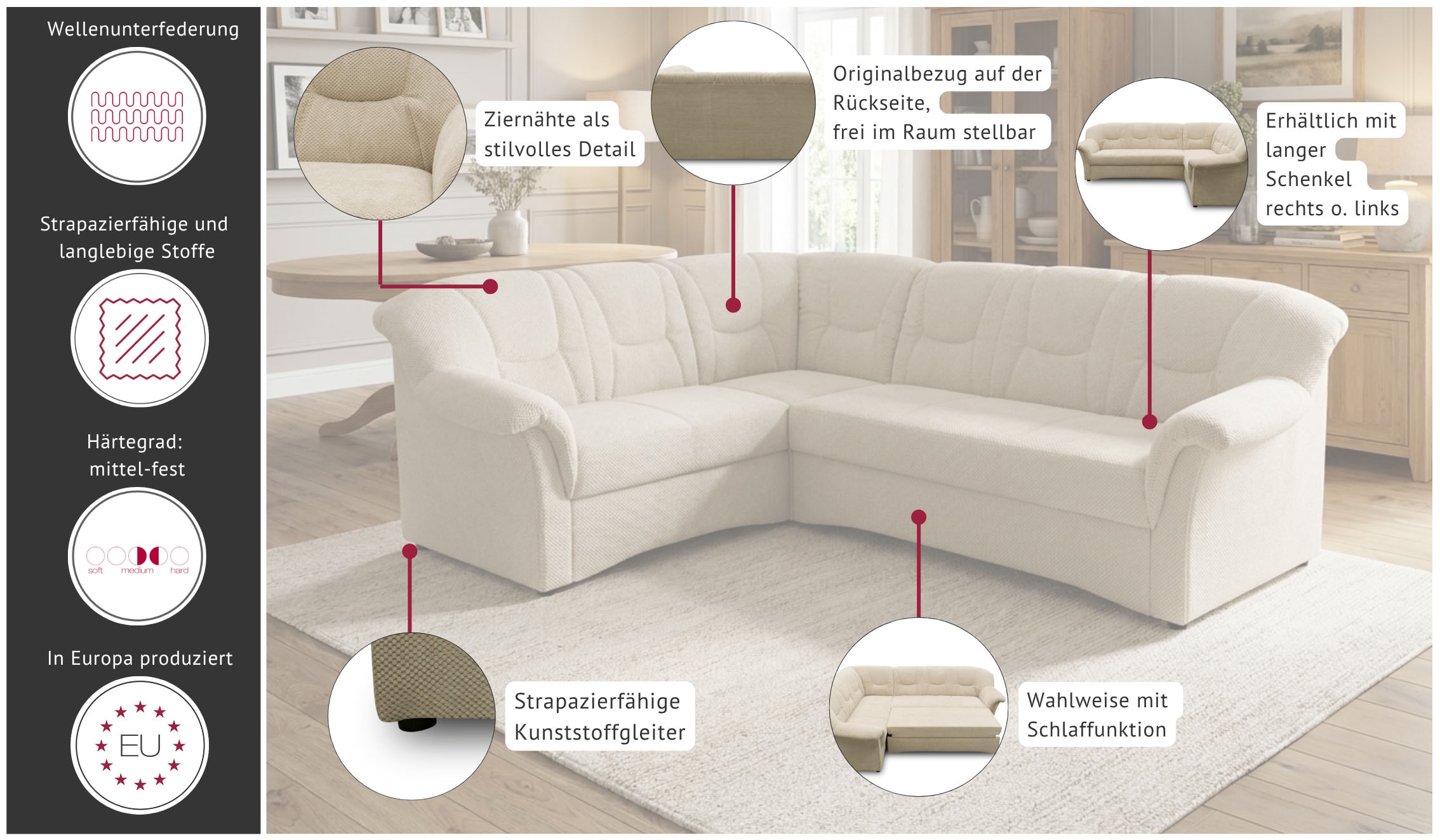 GOODproduct Canapé d'angle »Langeland 232 x 146 cm, auch mit Schlaffunktion, mit Federkern, L-Form« Canapé d'angle Langeland en forme de L, avec ressorts ensachés pour un confort d'assise accru!