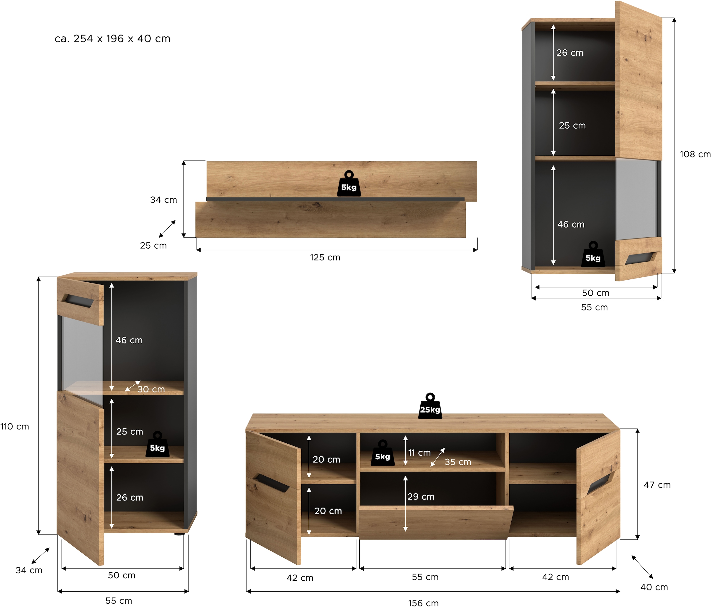 INOSIGN Wohnwand »SERTA, 4-teilig, best. aus: 2x Vitrine, 1x Lowboad & 1x Wandboard«