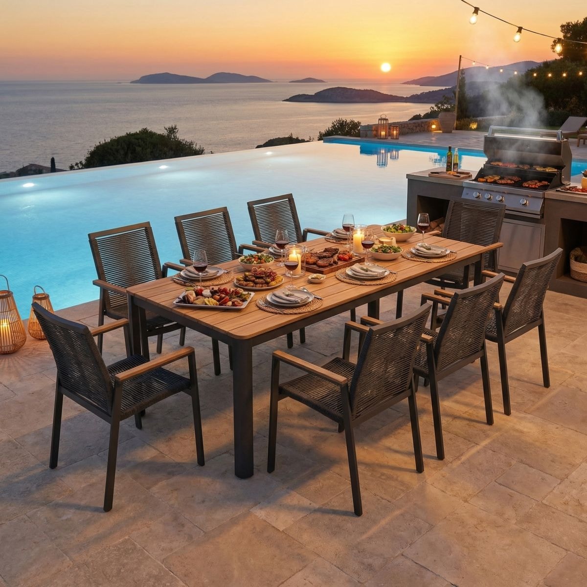 Ambiente Haus Salon de jardin »Garten 8er Set 220x95cm grau« Ensemble, 9 tlg.