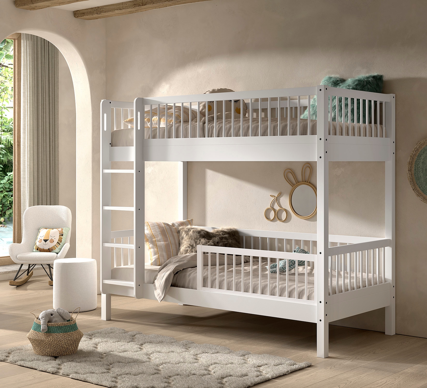Vipack Etagenbett »Buche massiv weiss, Made in Europe, langlebige Qualität« B/H/T ca. 208x176x98cm, Schublade+unterer Rausfallschutz optional,  2 Lattenroste, wahlweise mit oder ohne Bettschublade und Absturzschutz