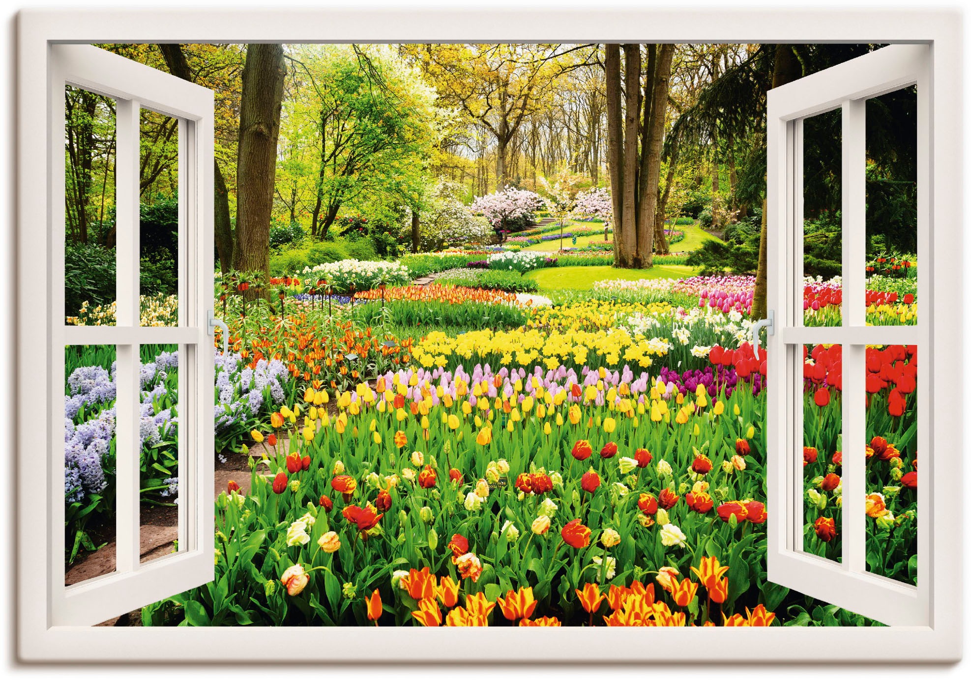 Image of Artland Wandbild »Fensterblick Tulpen Garten Frühling«, Fensterblick, (1 St.), in vielen Grössen & Produktarten - Alubild / Outdoorbild für den Aussenbereich, Leinwandbild, Poster, Wandaufkleber / Wandtattoo auch für Badezimmer geeignet bei Ackermann Vers