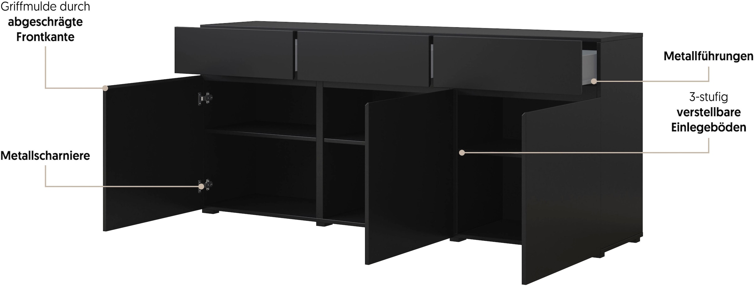 GOODproduct Kommode »Cross,Breite 180 cm, moderne grifflose Kommode,3 Türen/3 Schubkästen« Schubladenschrank mit viel Stauraum, Einlegeböden verstellbar