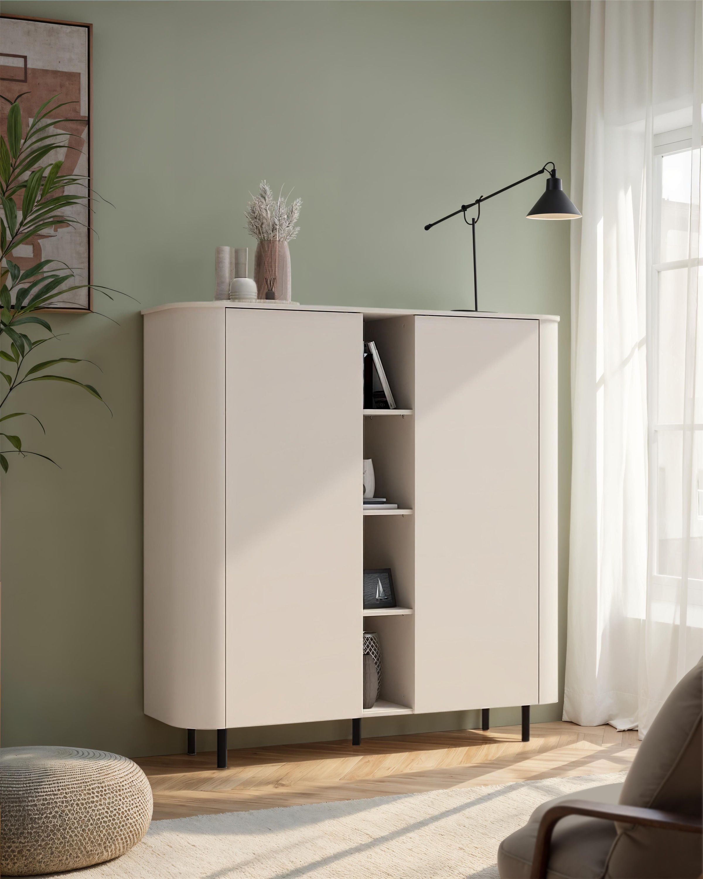 GOODproduct Highboard »Lido, B/H 150/154 cm, 2 Türen, 4 offene Fächer, Stauraumschrank« Formgebogenes MDF, Stirnseiten mit Rundung, Push-to-open, Metallfüsse