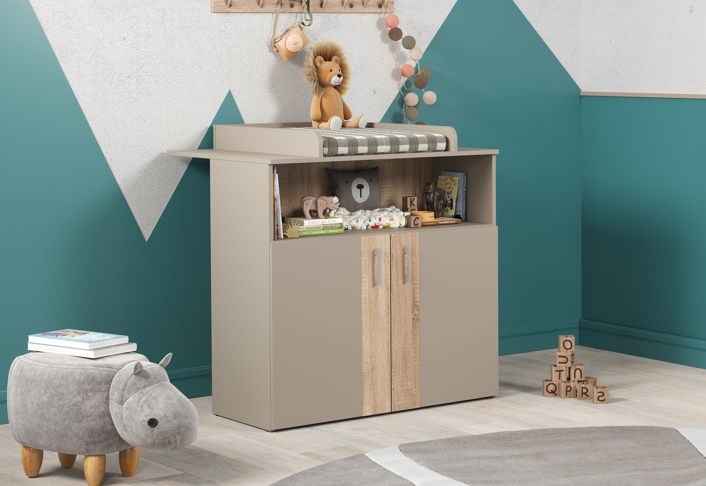 trendteam Babymöbel-Set »Beja«, (Set, 3 tlg.), Gitterbett, Wickelkommode und Kleiderschrank - silberfarbene Griffe