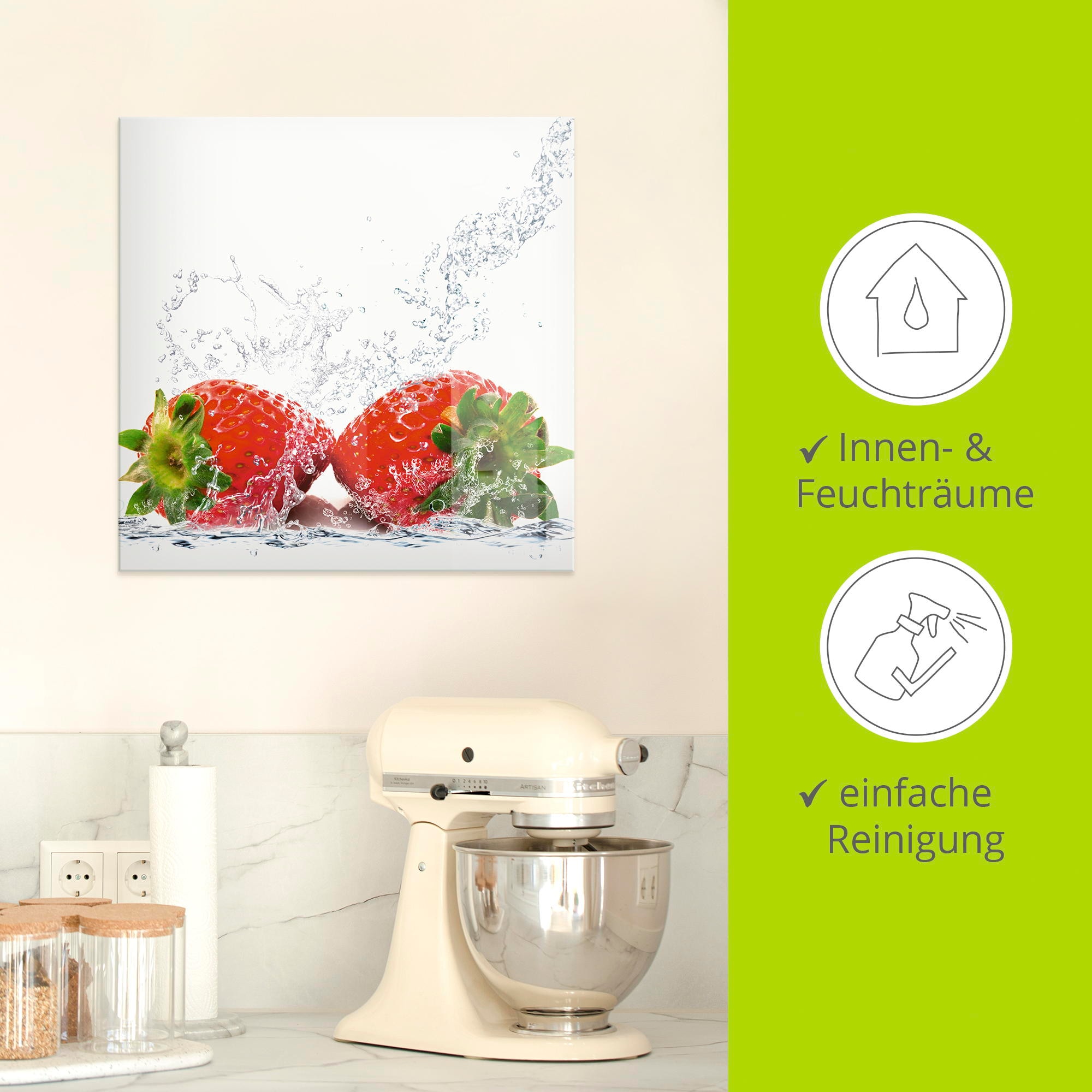 Artland Tableau en verre »Erdbeeren mit Spritzwasser« 1 cuis tlg. in verschiedenen Grössen