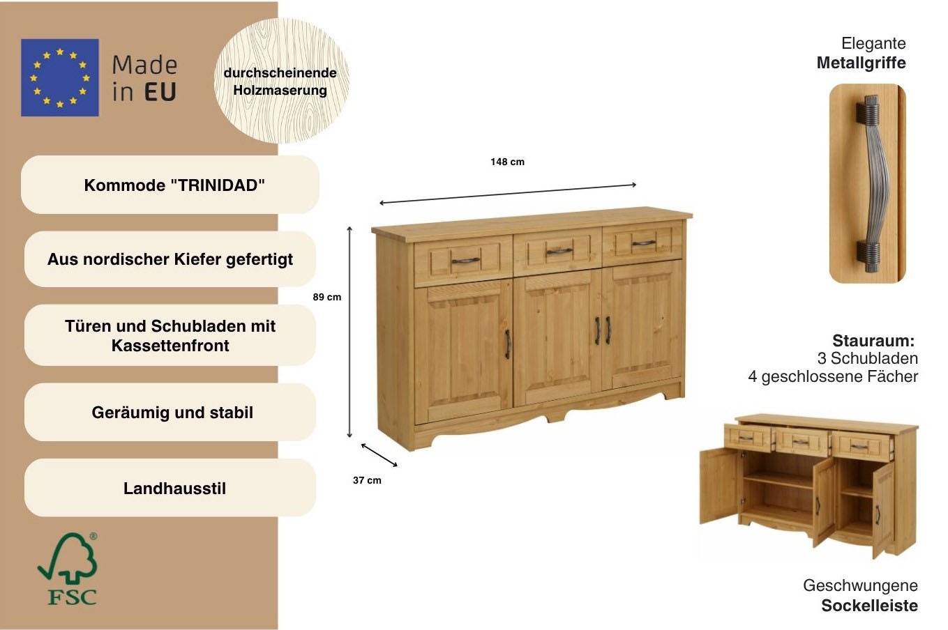GOODproduct Buffet »Trinidad« Kommode, Breite 148 cm