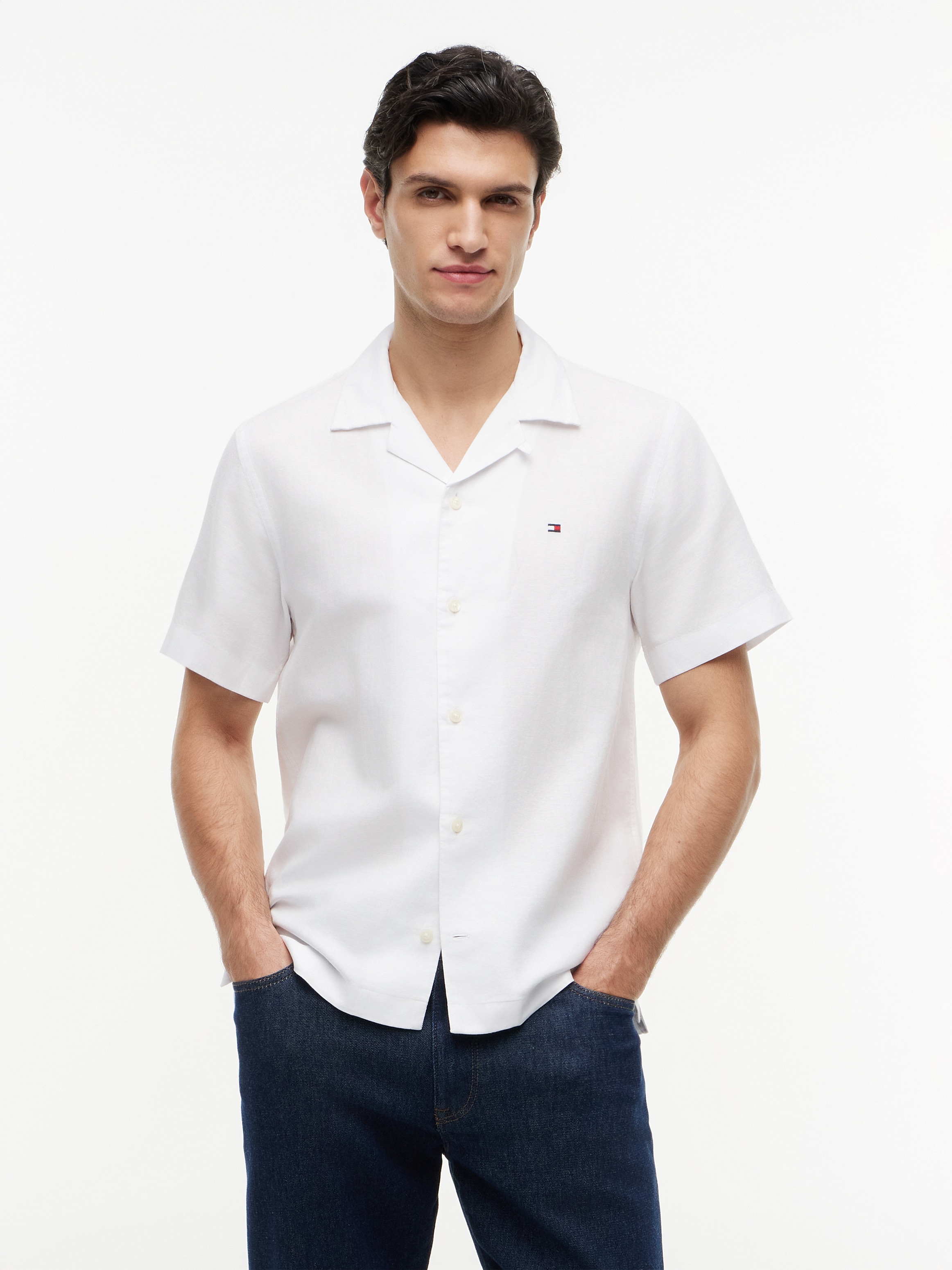 Image of Tommy Hilfiger Kurzarmhemd "LINEN BLEND SOLID SS RF SHT" aus Baumwollmix mit Leinen