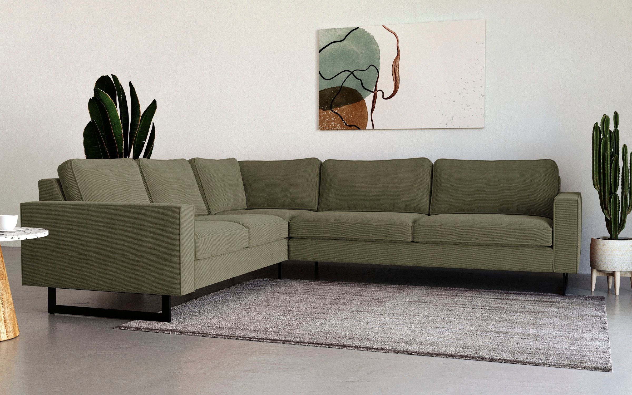 Places of Style Ecksofa »Pinto, XXL, 250/290 cm, langer Schenkel, Ottomane«, Cord, Chenille, Lederoptik, mit Keder, Metallfüsse, Wellenunterfederung