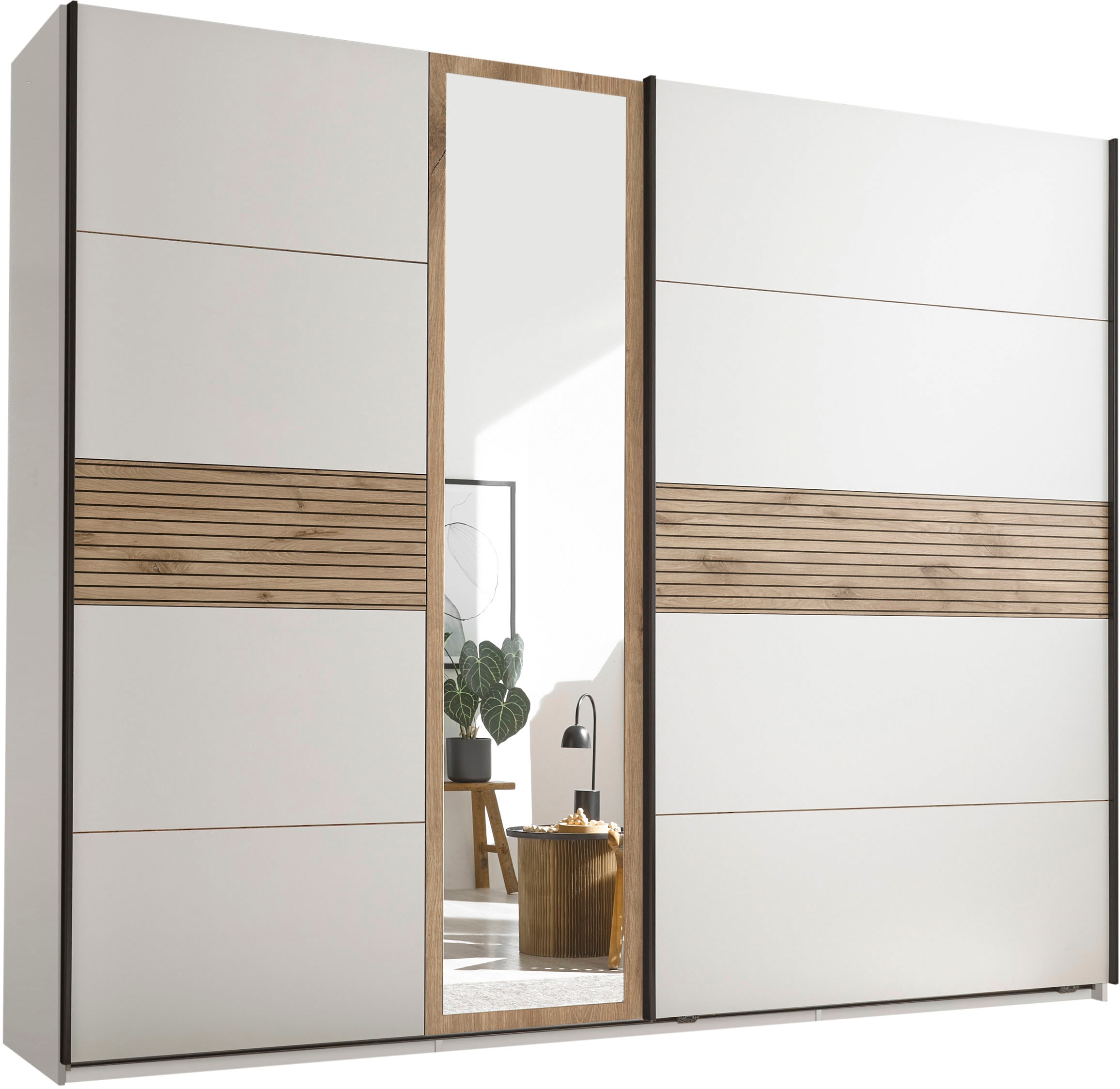 Schlafkontor Kleiderschrank »Leo Schwebetürenschrank, Schiebetürenschrank mit Spiegel«, Absetzung in Viking Oak heller Rillenoptik und Spiegel