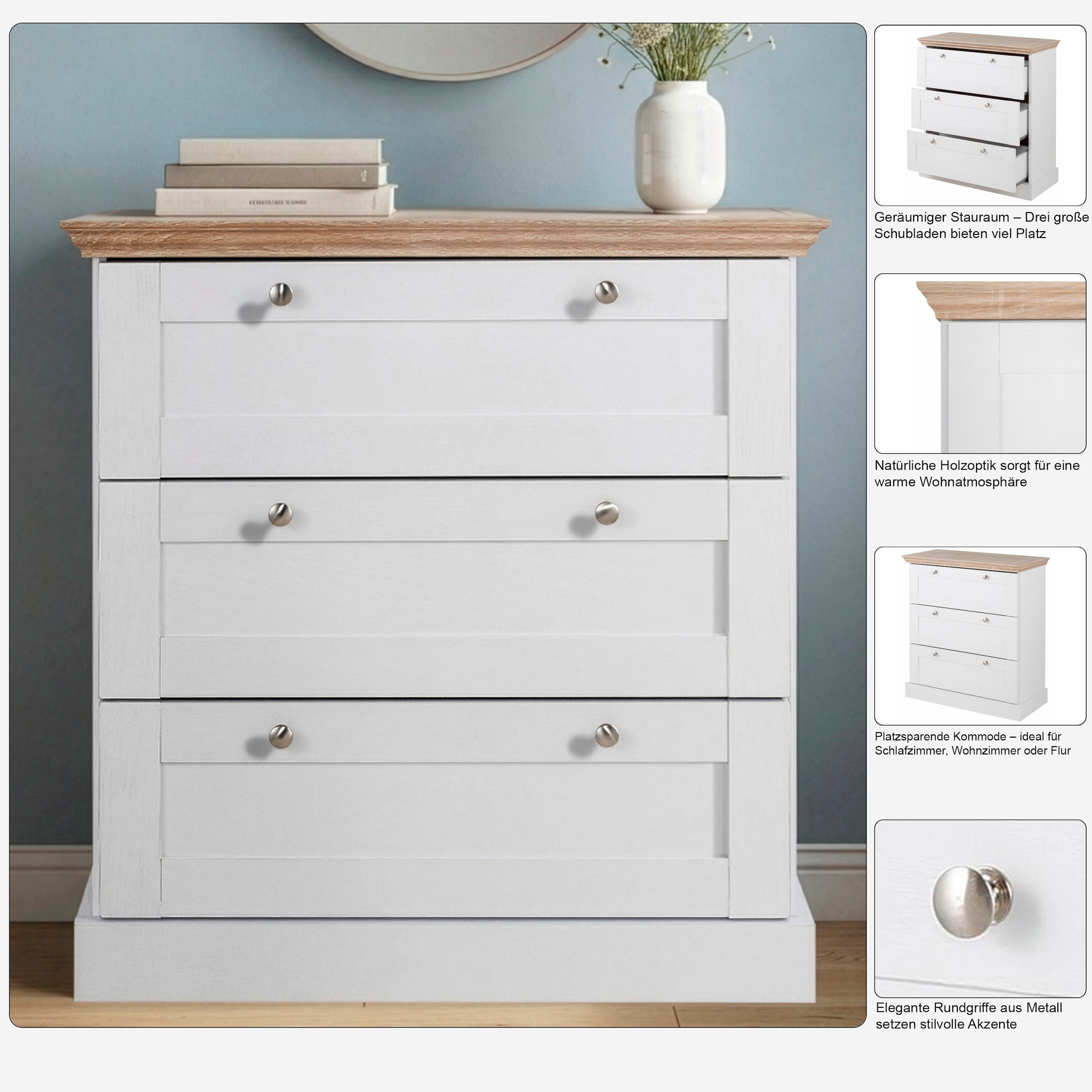 GOODproduct Commode à tiroirs »Binz« avec belles poignées en métal, 3 tiroirs, largeur 75 cm