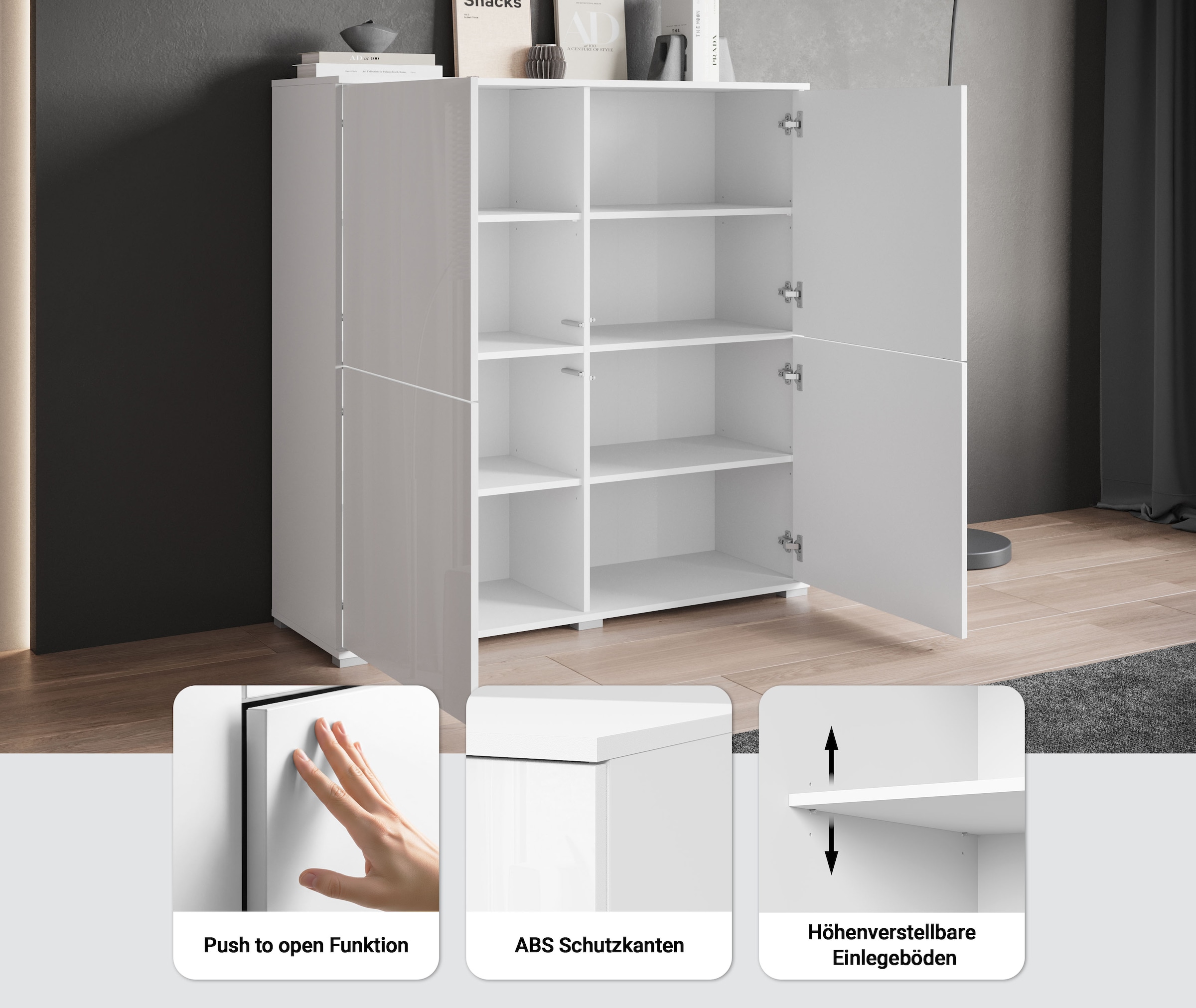 GOODproduct Highboard »Kenia, moderne grifflose Hochkommode mit 4 Türen, Breite 120 cm« 1 Stk. tlg. Push-to-Open-Fronten, höhenverstellbaren Einlegeböden