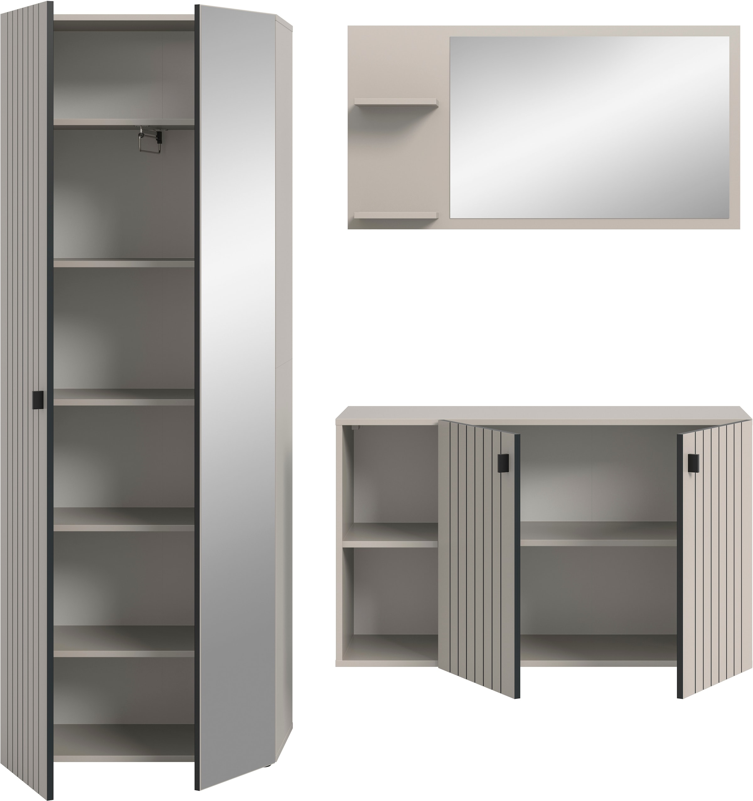 Home affaire Garderoben-Set »TATIO, 3-tlg. Garderobenkombination, Breite: 191 cm, Rillenfräsung« Set, Set, best. aus: 1 Spiegel, 1 Garderobenschrank, 1 Schuhkommode, 3 Stk. tlg.