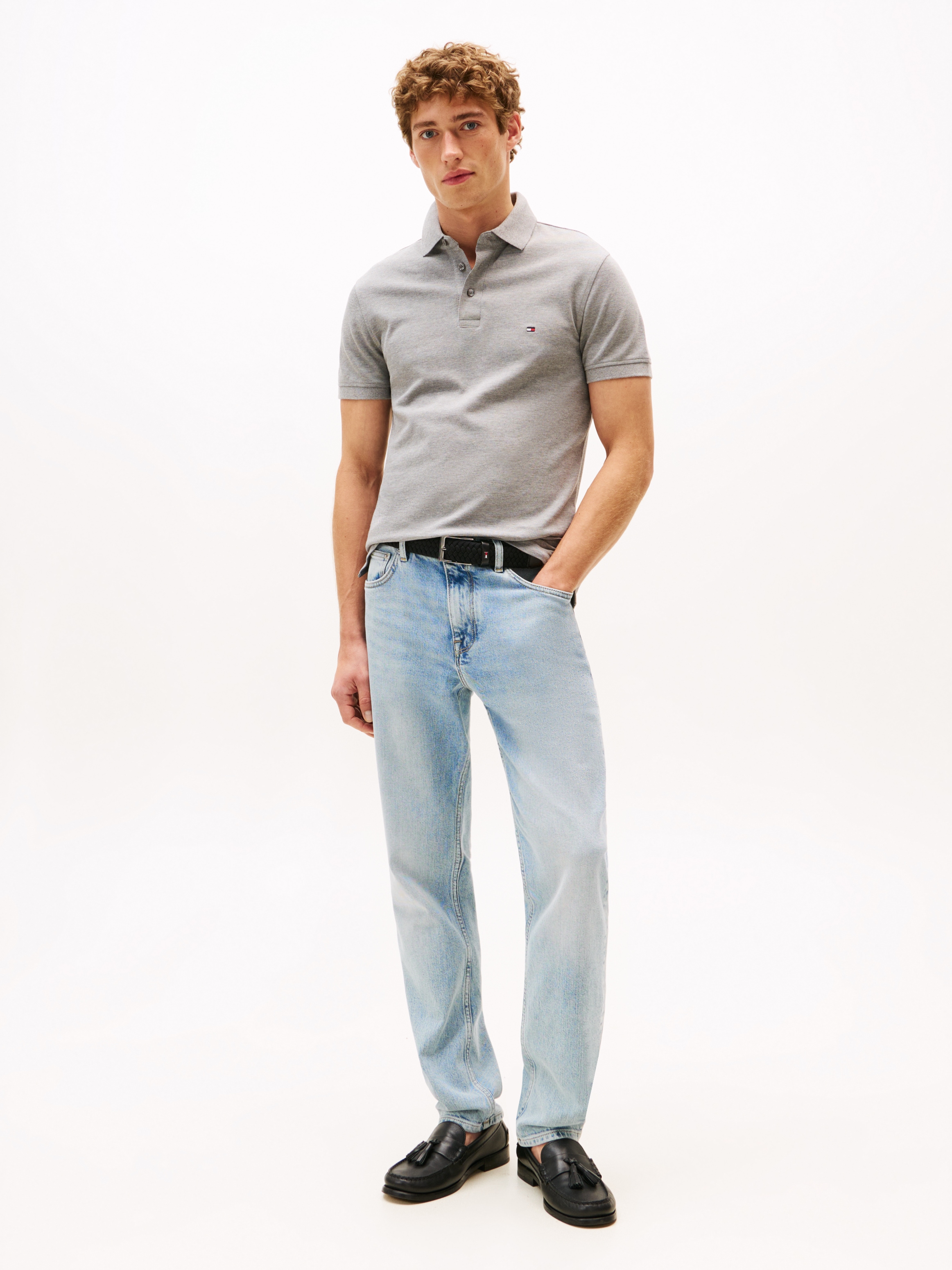 Image of Tommy Hilfiger Poloshirt "1985 SLIM POLO mit Piqué-Struktur und Stickerei" meliert, casual, slim fit, Baumwollmix, Polokragen
