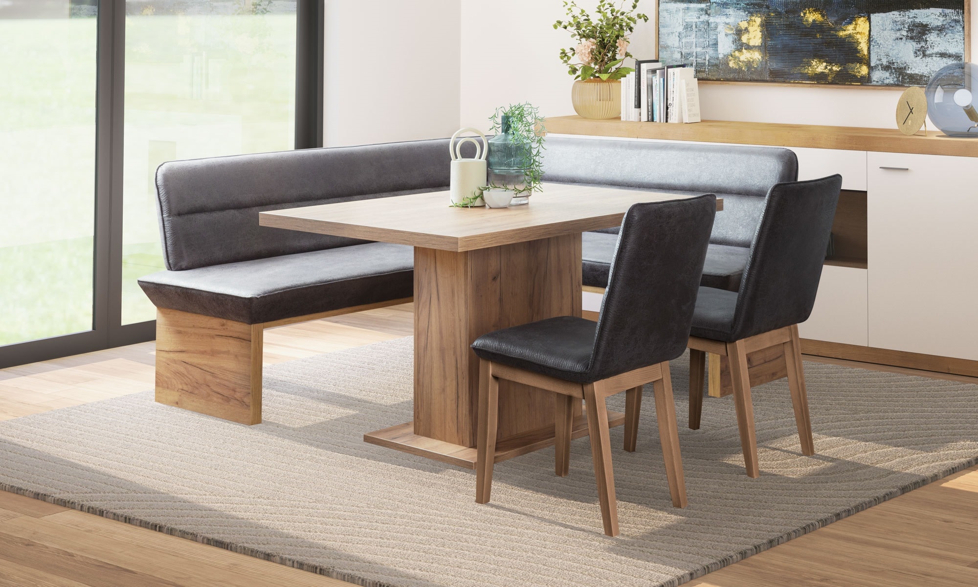 GOODproduct Eckbankgruppe »Beluna + Cross Essecke Sitzgruppe Eckbank Küchenbank« Set, Eckbank, 2 Stühle und Tisch, 4 tlg. Sitzgruppe Esszimmer Stühle Tisch und Bank bequem gepolstert