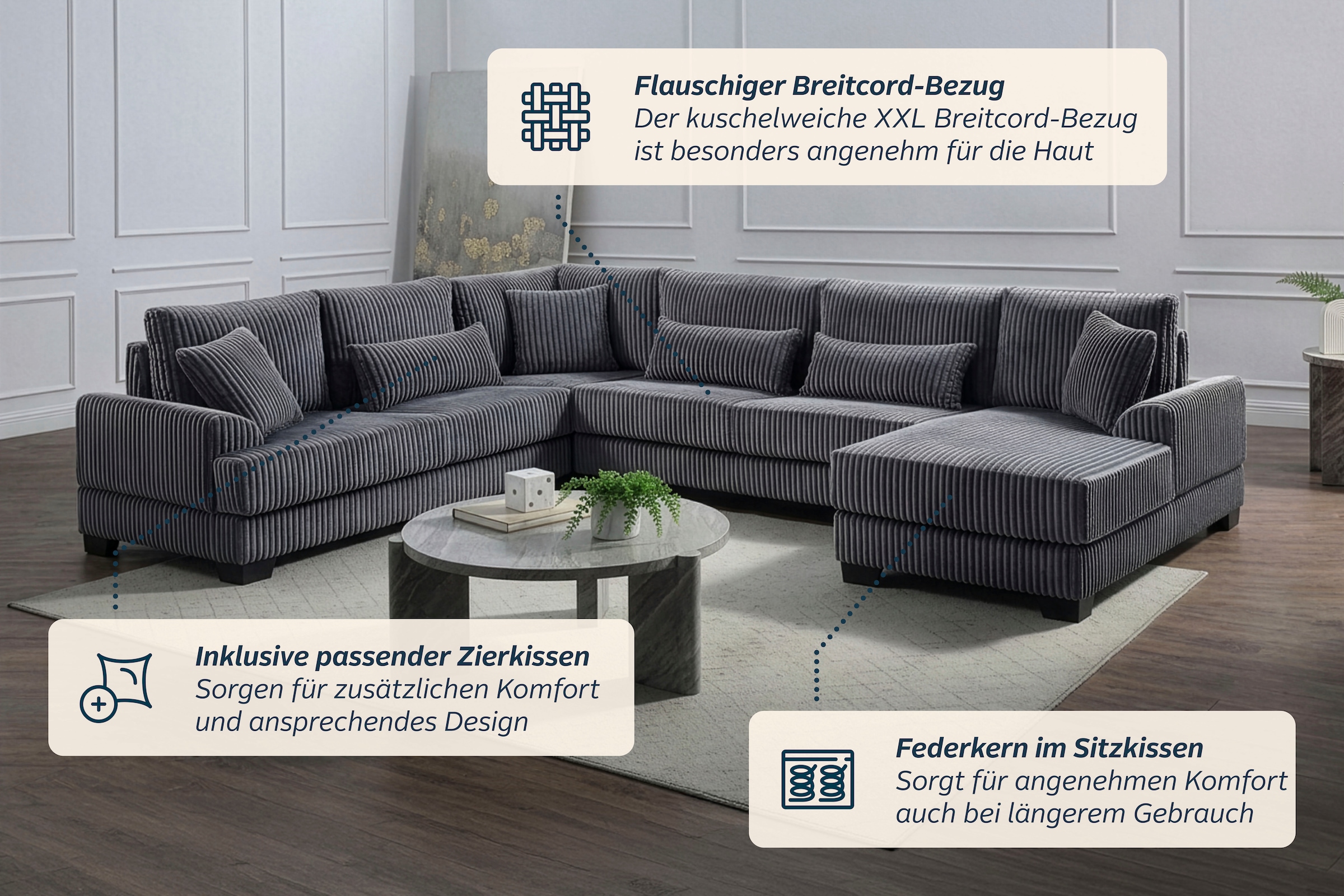 GOODproduct Paysage de salon »Miron U-Form, B: 332 cm, weicher XXL-Cordbezug« Canapé avec ressorts, 6 coussins décoratifs, dossier recouvert de tissu véritable
