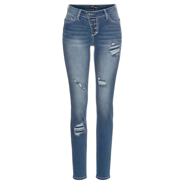 Arizona Slim-fit-Jeans »mit sichtbarer, schräger Knopfleiste«, Mid Waist  Trouver sur