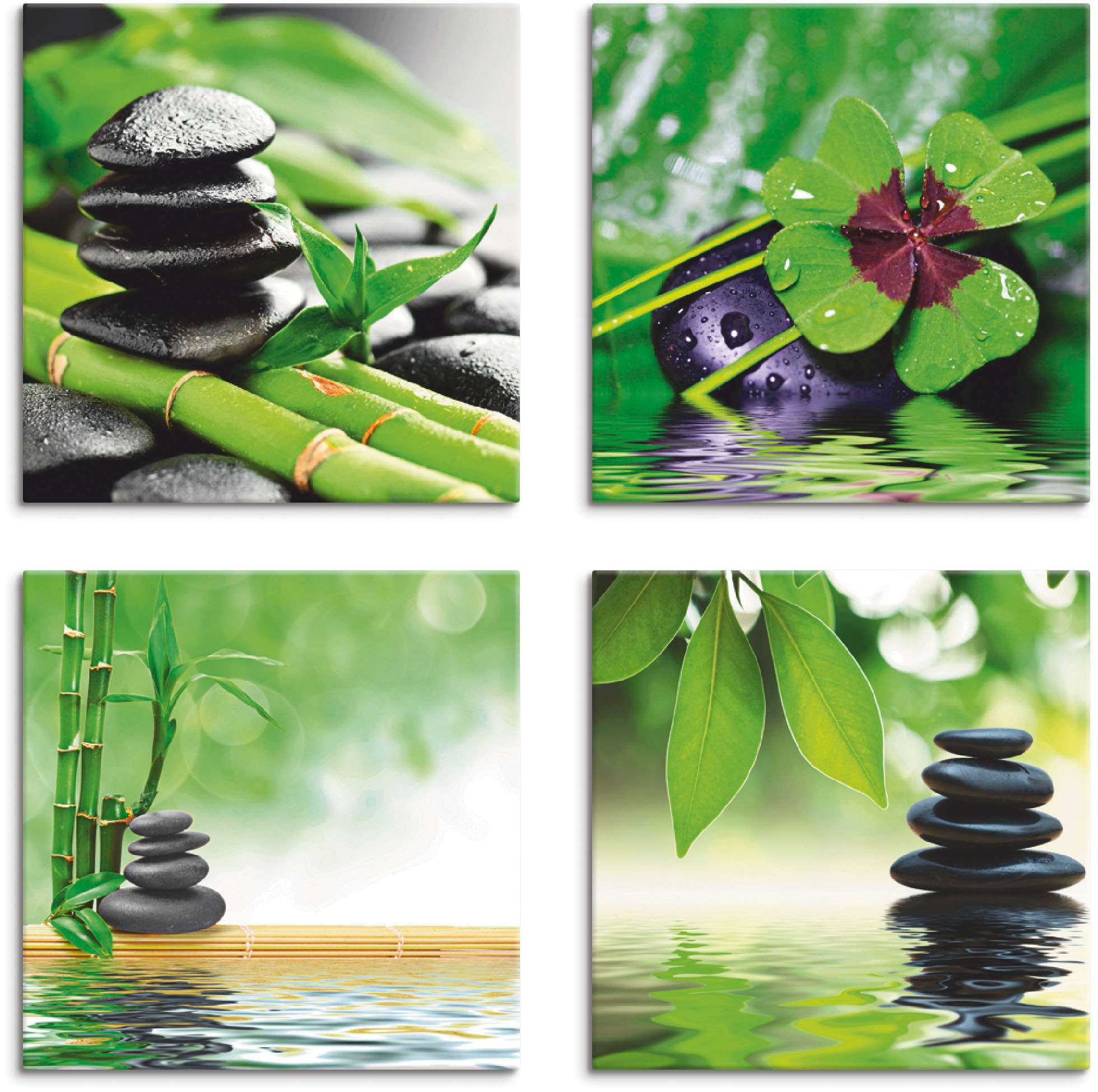 Artland Leinwandbild »Glücksklee Zen Steinpyramide Wasser«, Zen, (4 St.),  4er Set, verschiedene Grössen bequem kaufen | Leinwandbilder