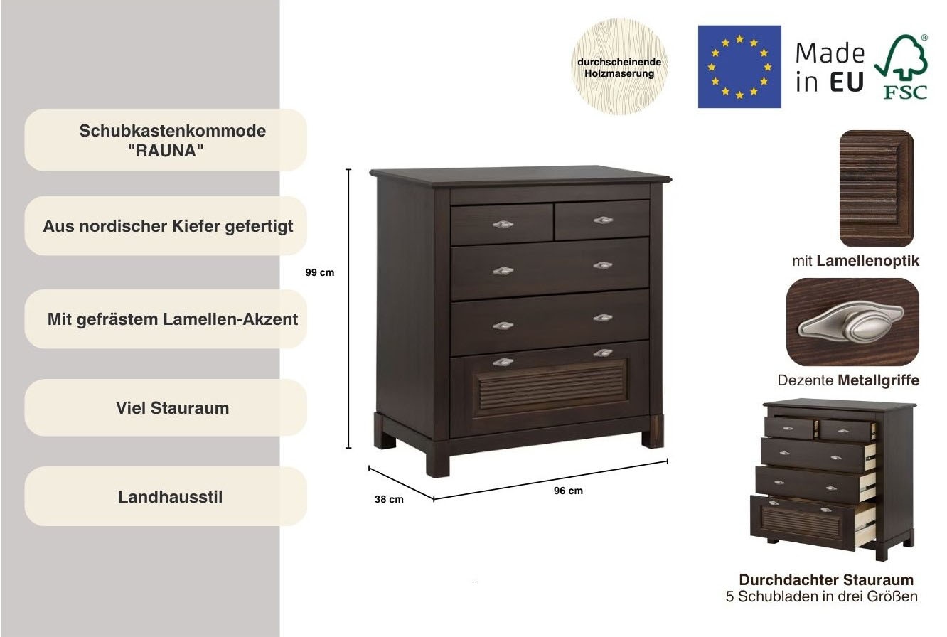 GOODproduct Commode à tiroirs »Rauna« aus massiver Kiefer mit 5 Schubladen, Breite 96 cm