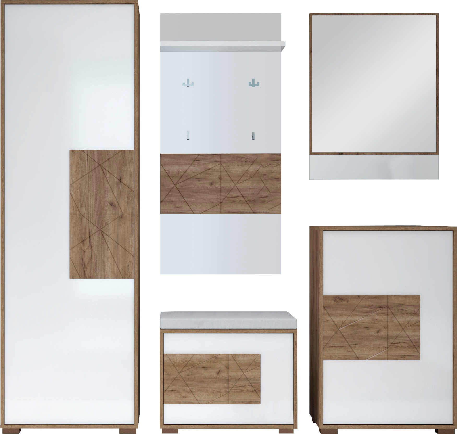 Image of GOODproduct Garderoben-Set "Stela" Set, Garderobenschrank,Schuhschrank,Schuhbank,Garderobenpaneel,Wandspiegel, 5 Stk. tlg.