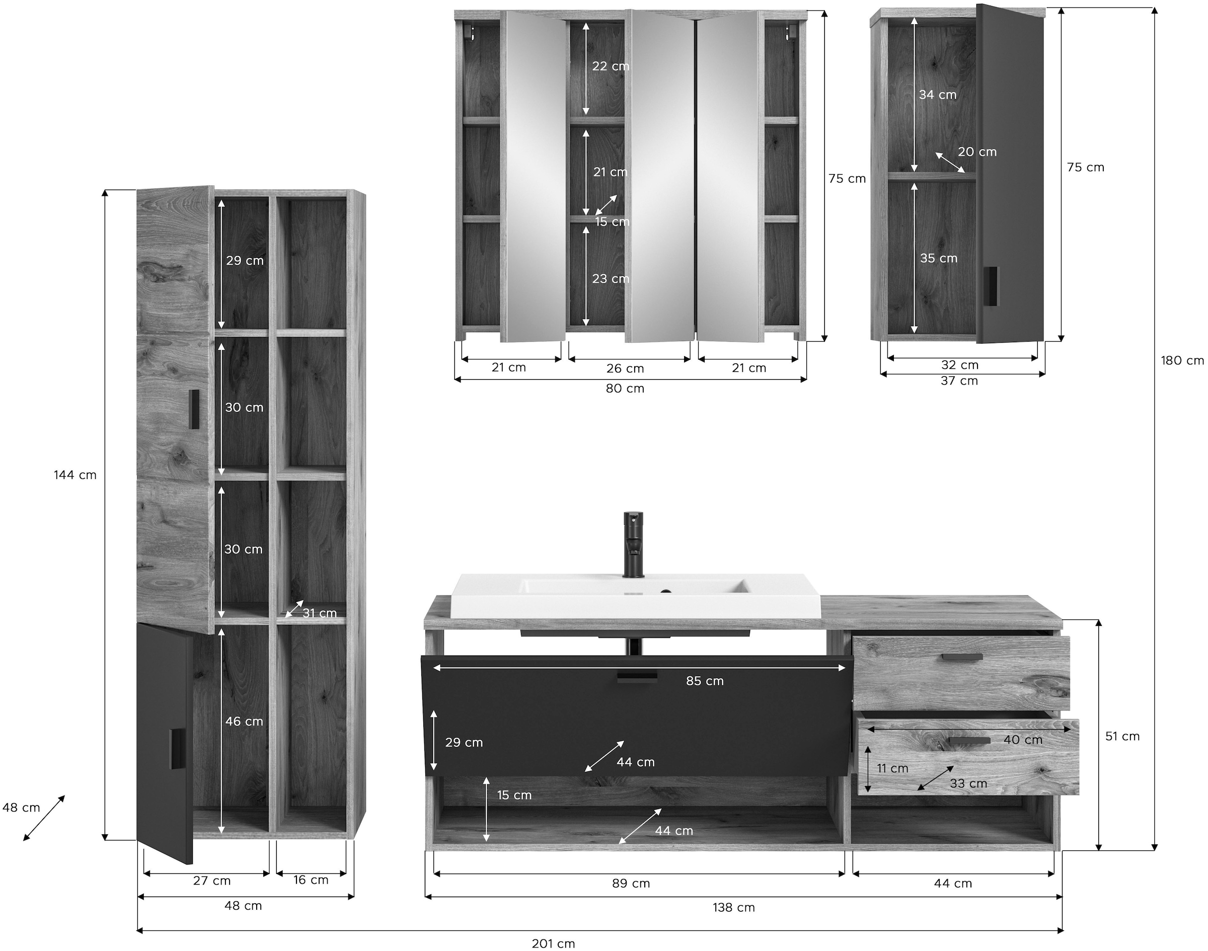 welltime Badmöbel-Set »Dolo, 4 teilig, inklusive Mineralguss-Waschbecken, bestehend aus:«, (Set, 4 St.), Waschtisch inkl. Waschbecken, Hängeschrank,Spiegelschrank, Hochschrank