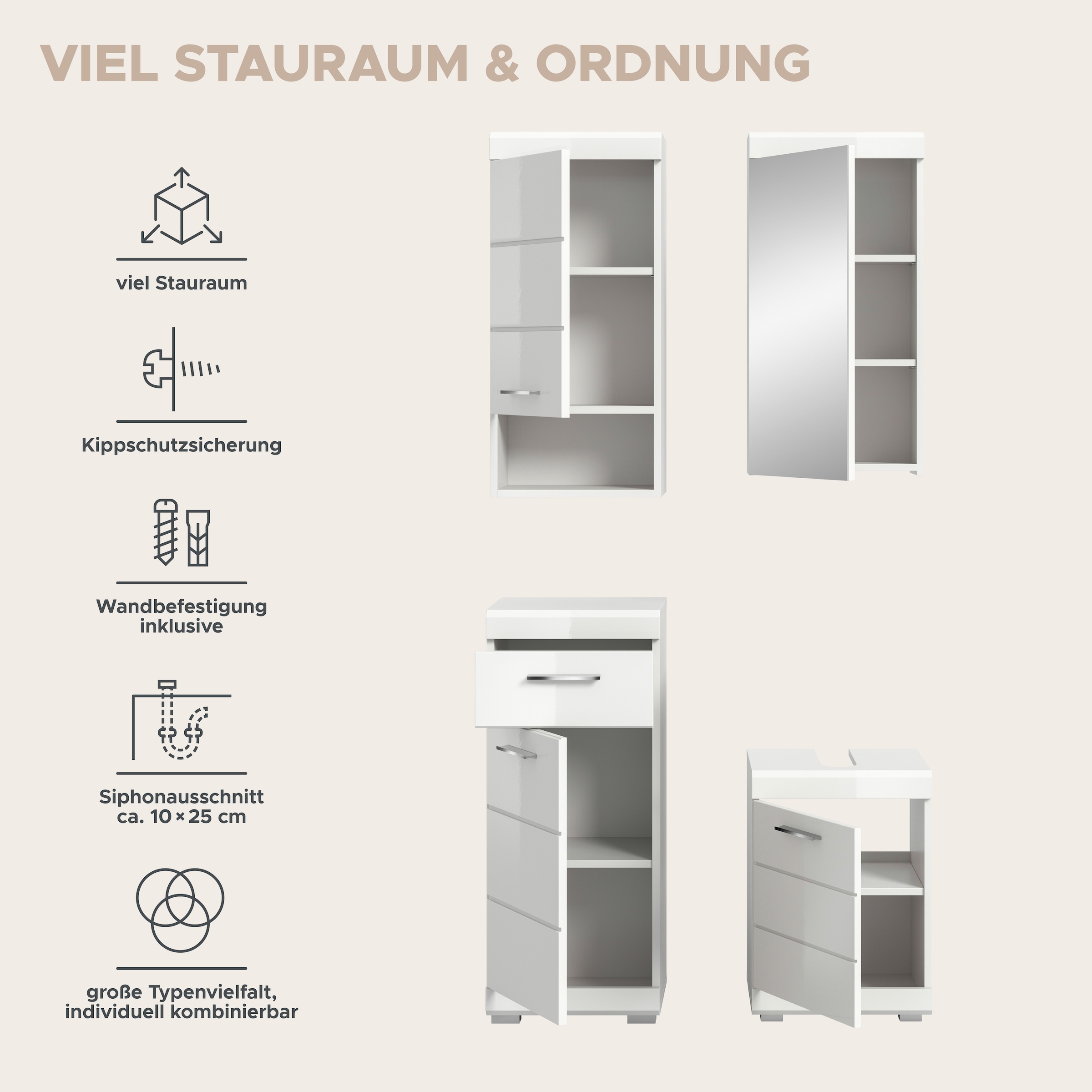 welltime Ensemble de meubles de salle de bain »SIENA, 4-tlg., WBU, Spiegelschrank, Hänge- & Unterschrank, MDF-Front«