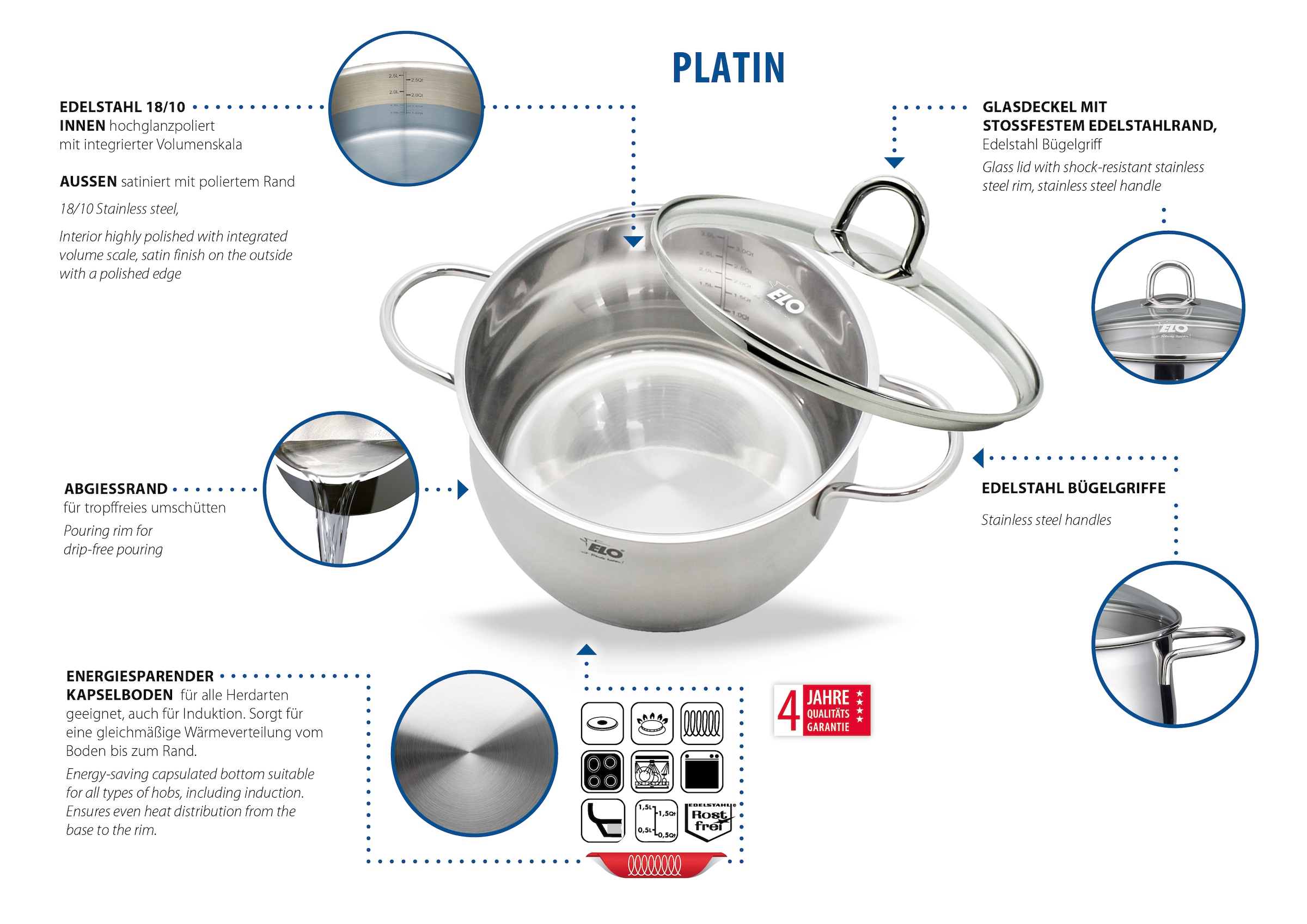 Elo Set de casseroles »Platin« Ensemble, 1 Bratentopf 20 cm, je 1 Fleischtopf 16/20/24 cm, 1 Kasserolle 16 cm, 9 cuis tlg. Acier inoxydable 18/10