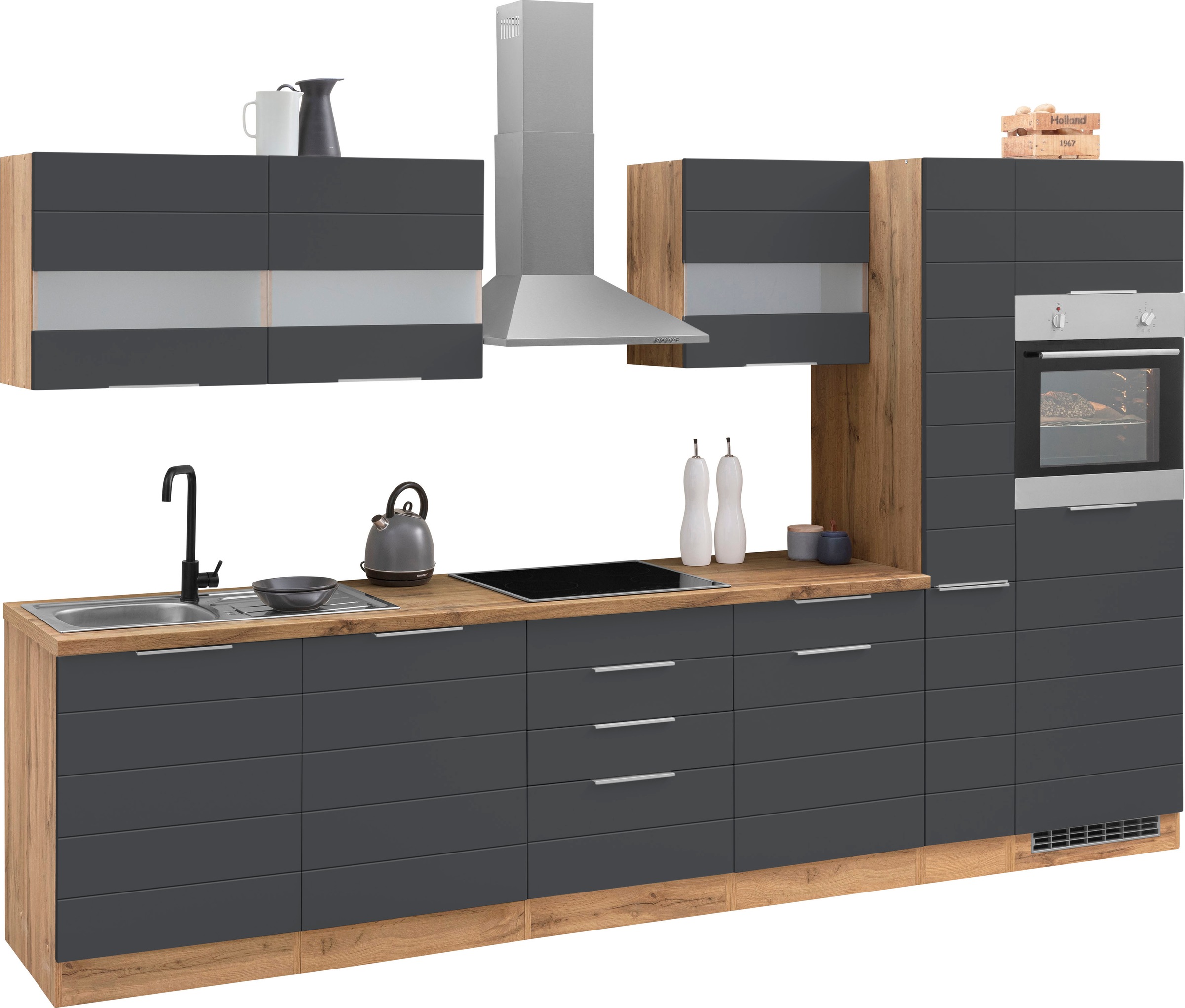 KOCHSTATION Küchenzeile "KS-Luhe" 330 cm breit, wahlweise mit oder ohne E-Geräten, gefräste MDF-Fronten