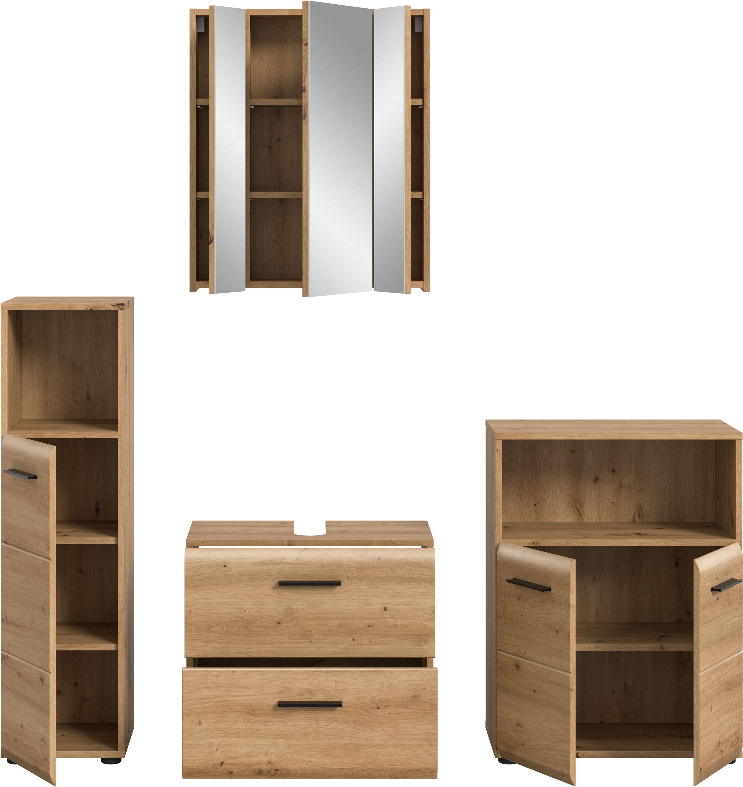 welltime Badmöbel-Set »FLORENZ,  4-teilige Badkombination, hochwertige MDF-Front« Set, Midischrank hoch, WBU, Spiegelschrank, Midischrank breit, 4 Stk. tlg.