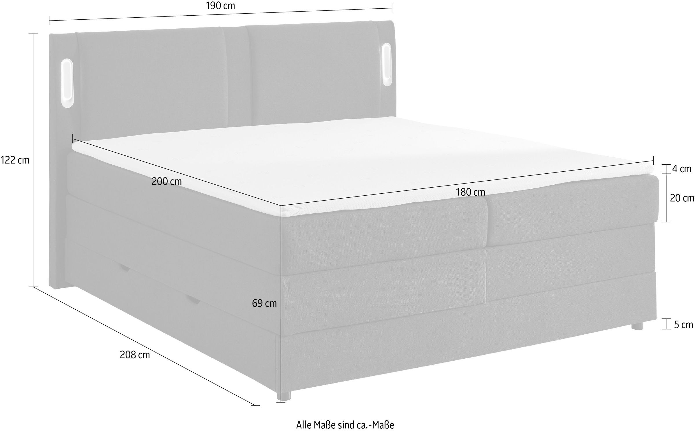 INOSIGN Boxbett »Elverta inkl. Bettkasten und LED-Beleuchtung«, erhältlich in der Breite 180x200cm, Kopfteil in Kissenoptik