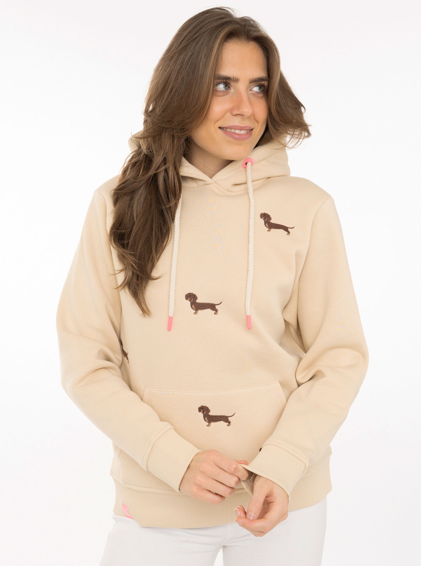 Image of Zwillingsherz Hoodie ""Dackel all over"", gestickte Dackel auf Vorderteil, Kapuze, Tasche, Rippbündchen