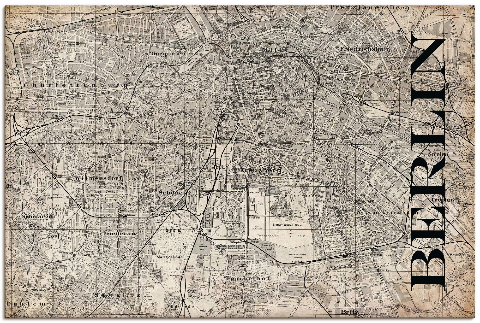 Image of Artland Leinwandbild "Berlin Karte Strassen Karte Grunge" Deutschland 1 Stk. tlg. auf Holzrahmen gespannt