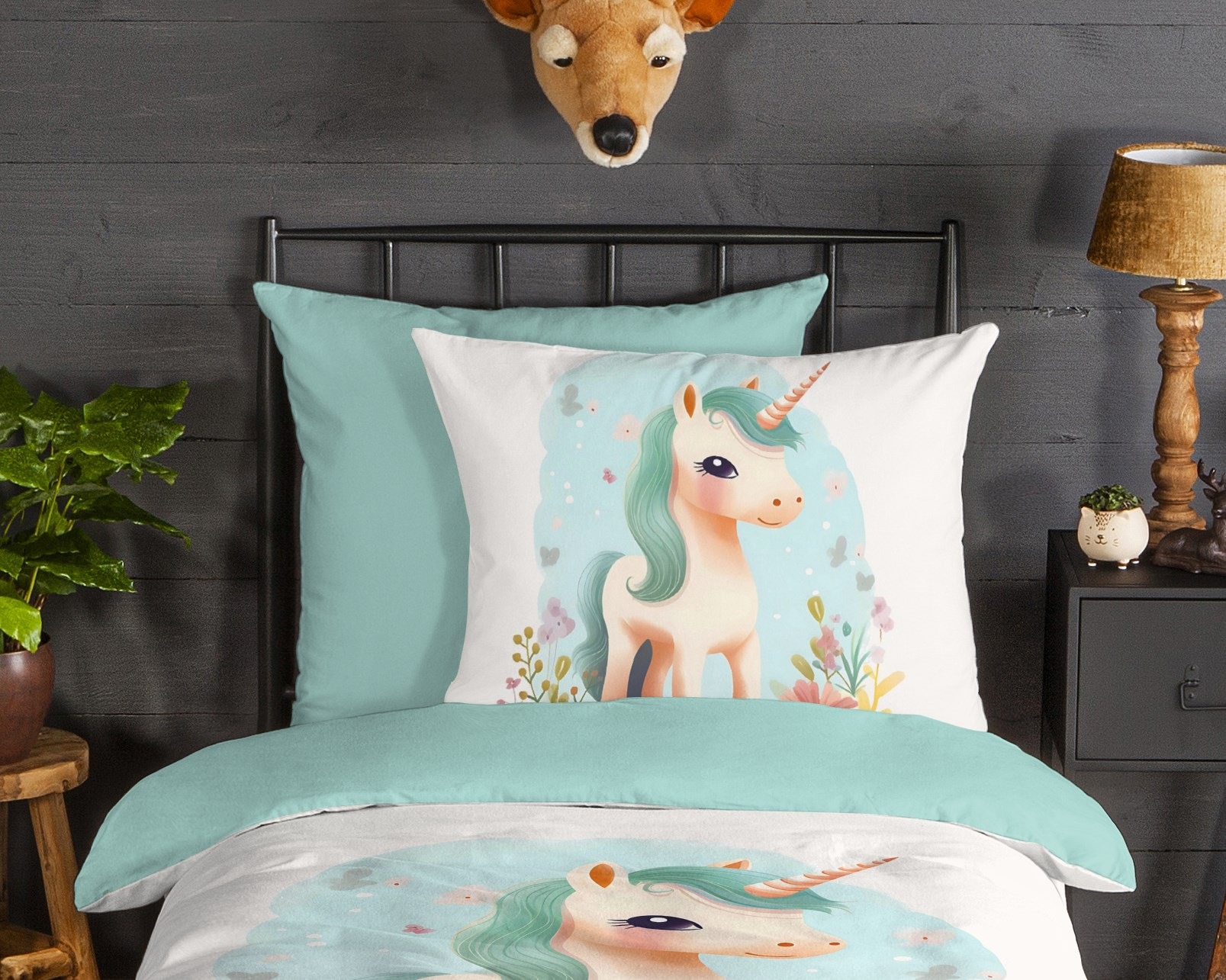 good morning Kinderbettwäsche »One«, Flanell, Biber, 135x200, Warm, Wende, Mädchen, Einhorn, Weiss, Türkis