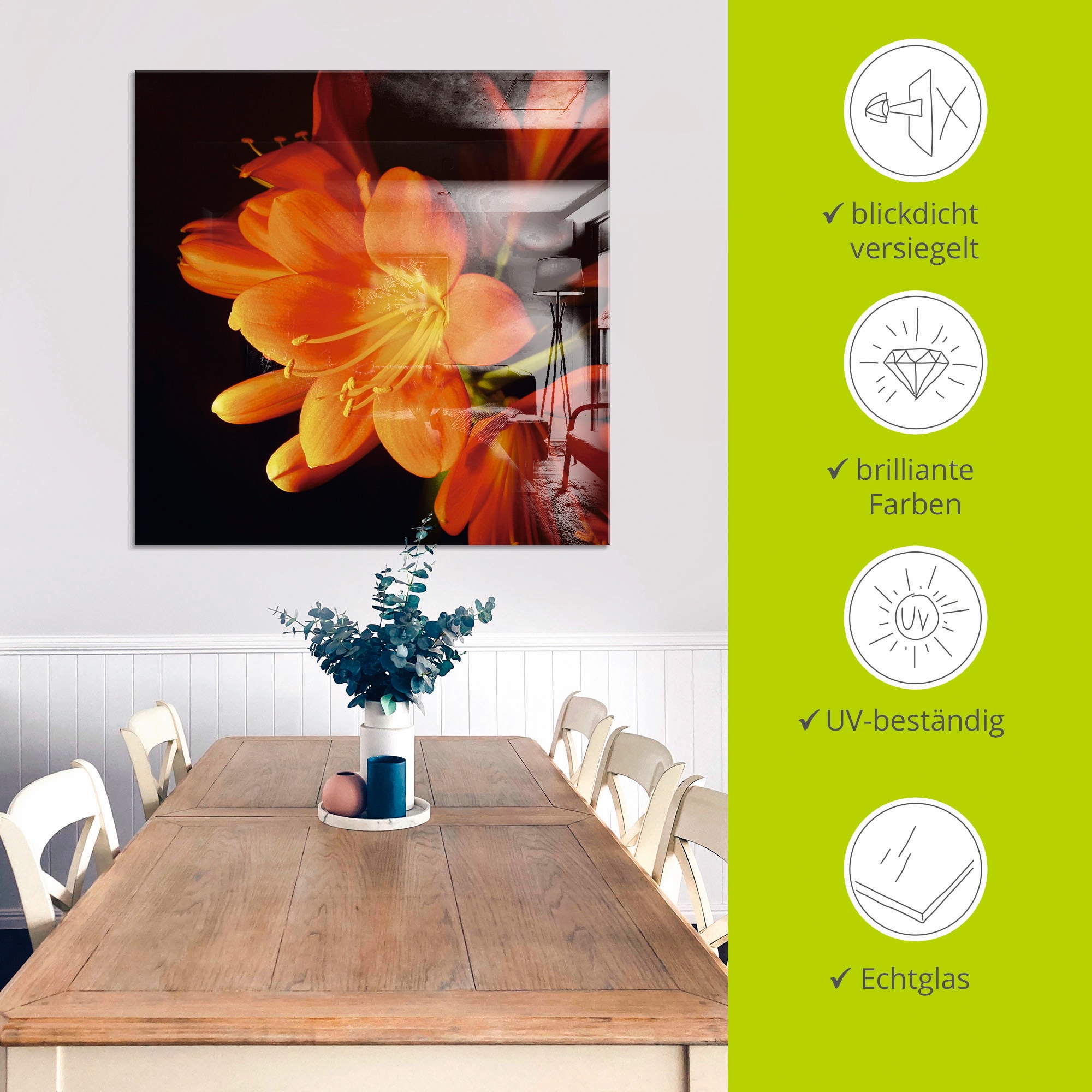 Artland Glasbild »Clivie in leuchtendem Orange«, Blumen, (1 St.), in verschiedenen Grössen
