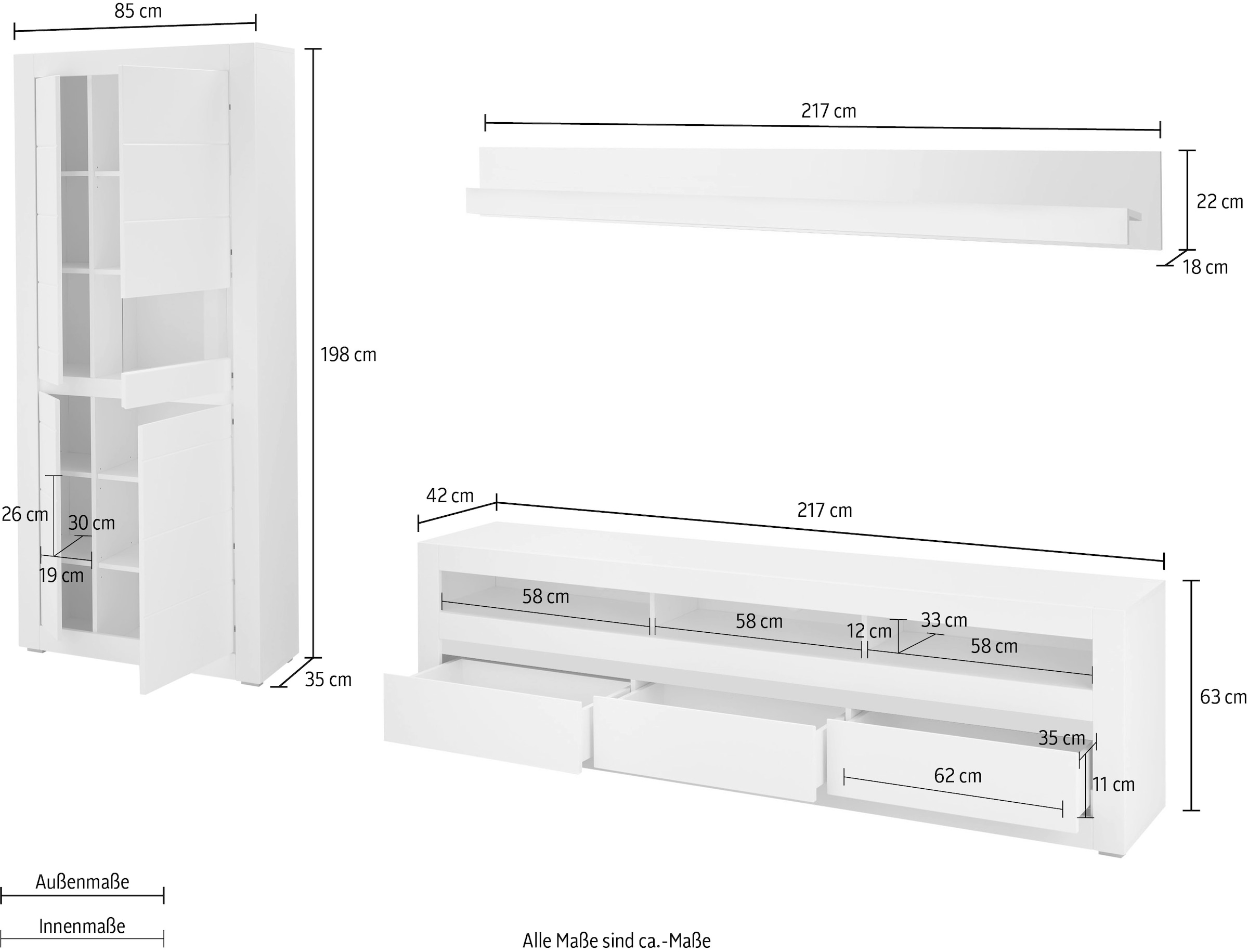 INOSIGN Wohnwand »Anbauwand in Weiss Matt, Wohnzimmer-Set mit austauschbarer Blende«, (Set, 3 St.), enthält Vitrine, Lowboard, Wandboard, zeitloses Design, 312 cm breit