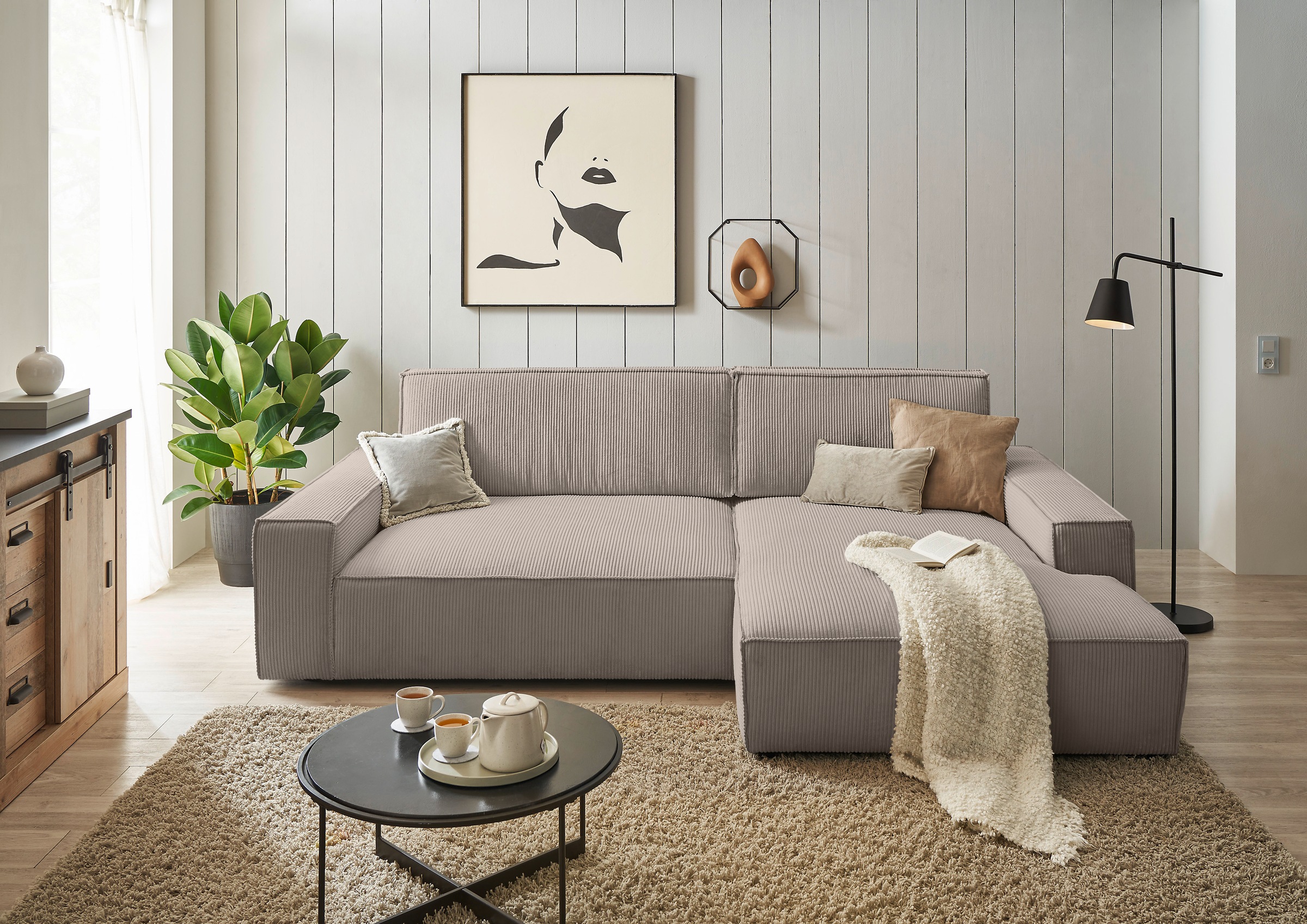 Home affaire Ecksofa »NEU: SHERWOOD XXL 284, Big-Sofa L-Form, tiefe Sitzfläche 95 cm, Cord« Recamiere rechts/links, als Schlafsofa stellbar, Cord u. Leinenoptik