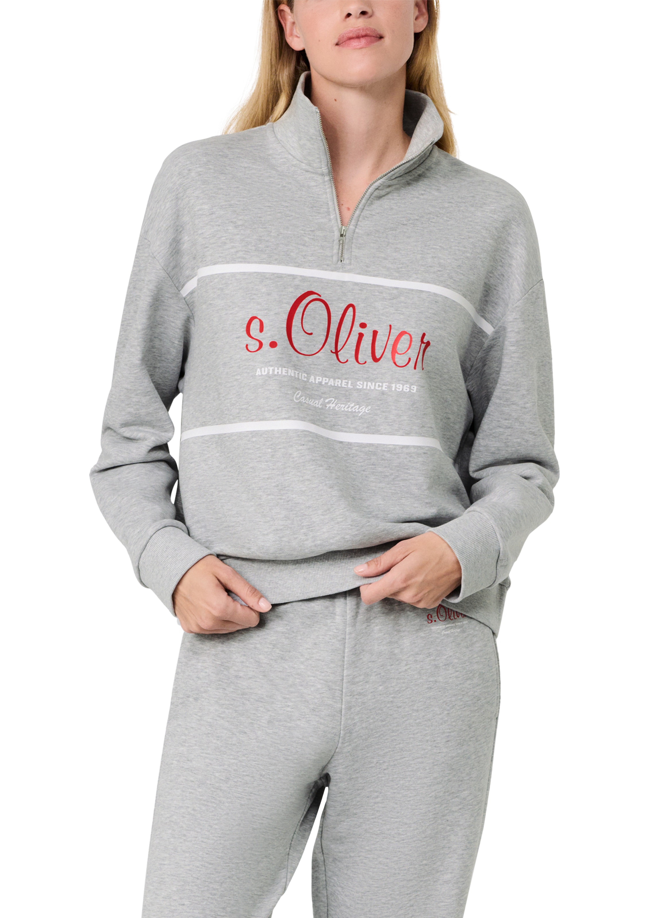 Image of s.Oliver Sweater "s.Oliver X Heidi Klum Troyer Sweatshirt mit Logo", mit Troyer-Kragen / Logo-Print / meliert