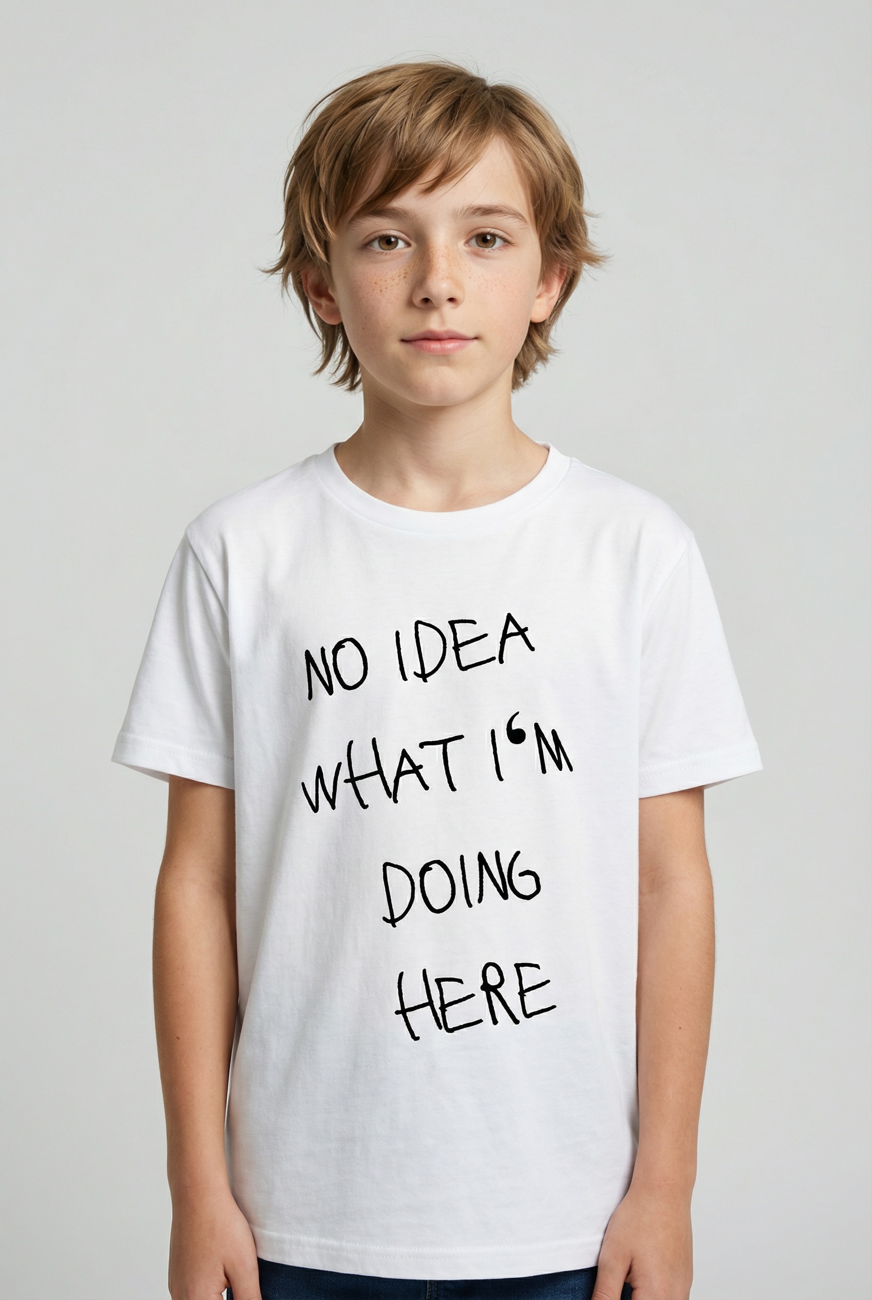 Image of KIDSWORLD T-Shirt "Spruch: NO IDEA WHAT IM DOING HERE" für Jungen, Kurzarm, Basic Passform, mit modischem Druck