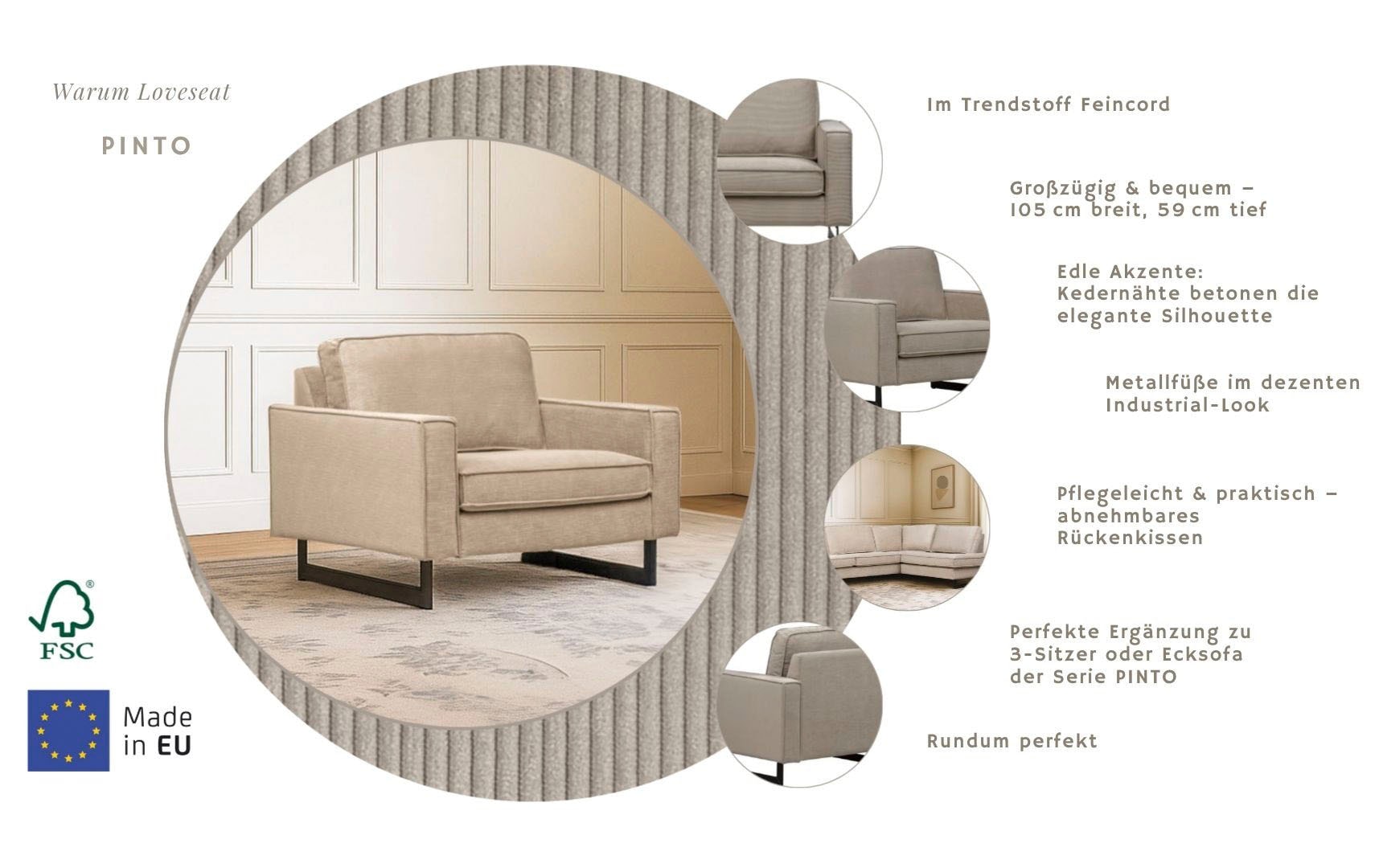 Home affaire Canapé 2 places »Pinto 105 cm, Cord, Chenille, Lederoptik« mit Keder, Metallfüssen und auch in Cord Bezug erhältlich
