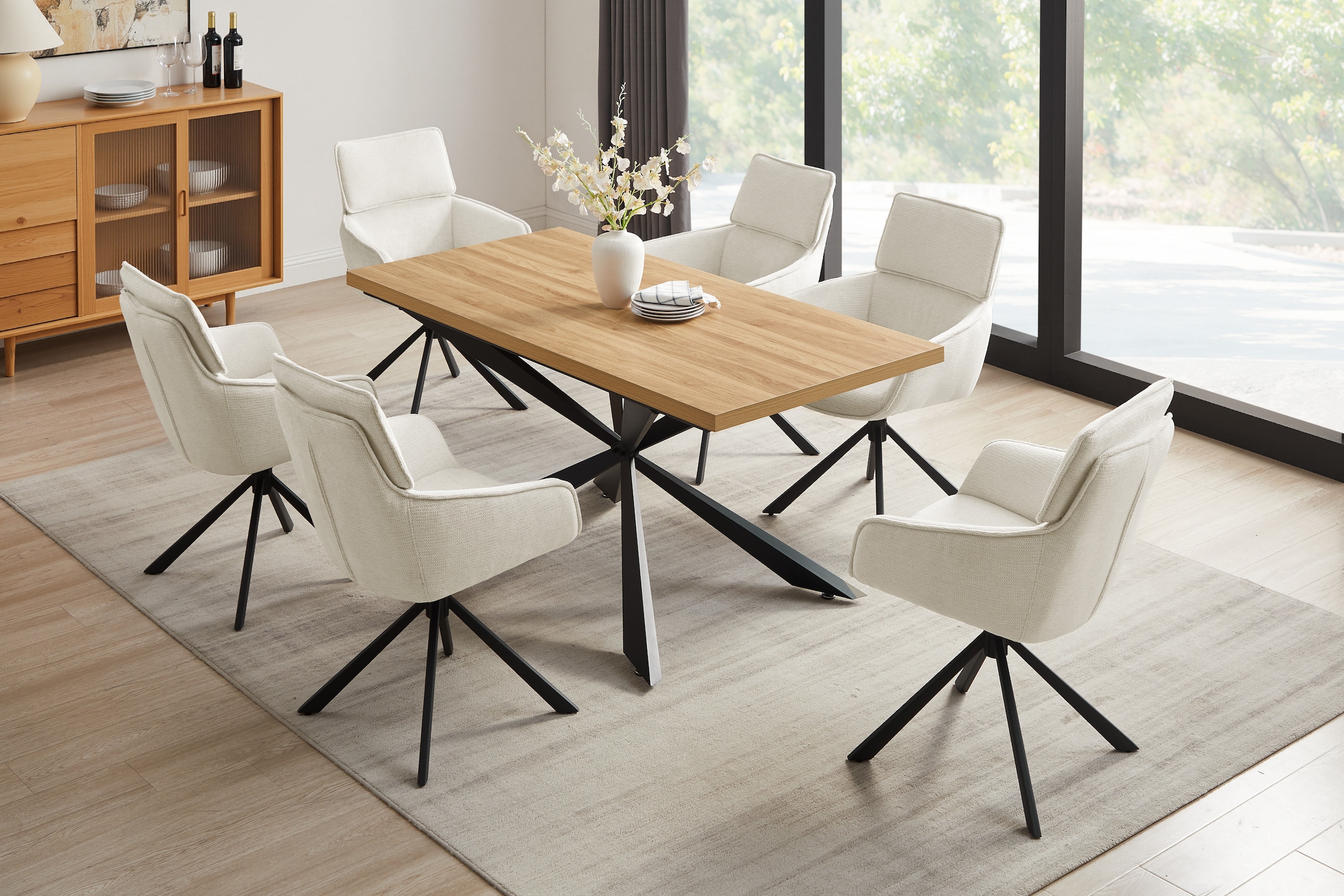 GOODproduct Ensemble de salle à manger »Cusey, besteht aus einem Esstisch und vier Stühlen« Set, Stühle drehbar, Esstisch 160 cm, 4 cm starke Tischplatte, 5 cuis tlg. kratzfester Tisch in Holzoptik, drehbare Stühlen, atmungsaktivem Stoff