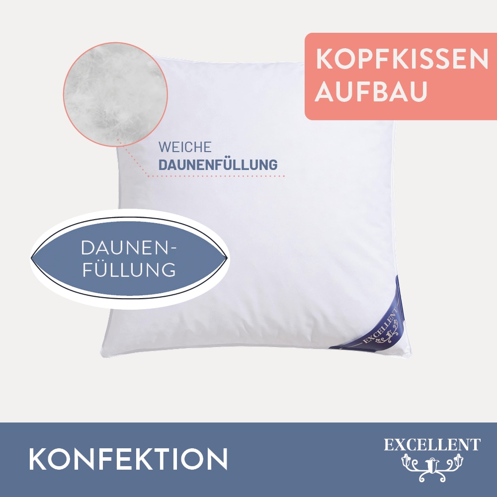 Excellent Kopfkissen »Venedig«, Füllung: weisse neue Federn und Daunen, Klasse I, 85% Federn / 15% Daunen, Bezug: Köper-Inlett, 100% Baumwolle, (Spar-Set, 2 St., 2 Kopfkissen), Kopfkissen 40x40, 40x80, 80x80, allergiker geeignet (Hausstaub)