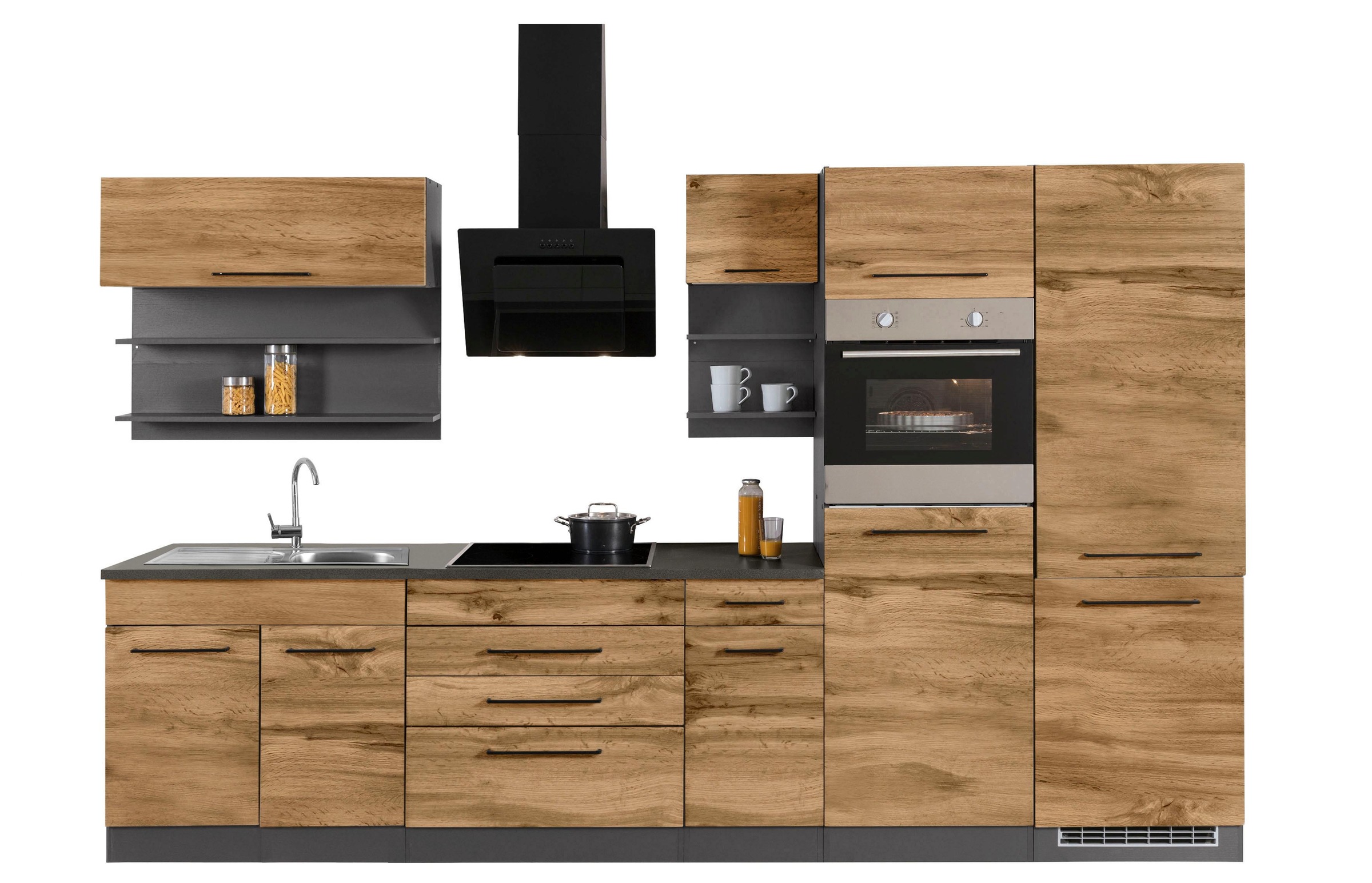 KOCHSTATION Kitchenette »KS-Tulsa« sans appareils électriques, largeur 350 cm, poignées métalliques noires, façades MDF