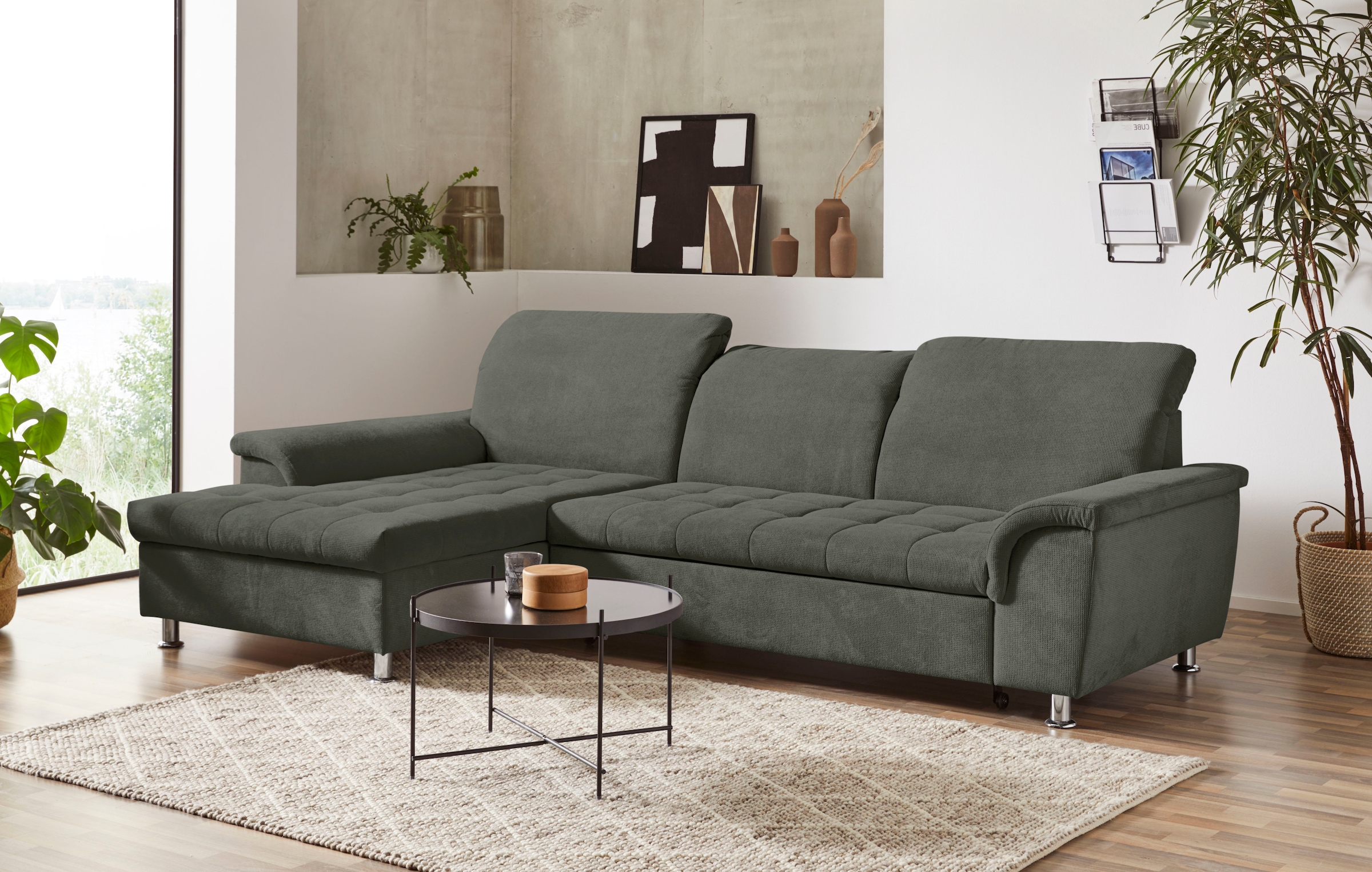 DOMO collection Ecksofa »Franzi, zeitlos und elegant, moderne Sitzheftung, L-Form«, wahlweise mit Kopfteilverstellung (dann Tiefe: 170 cm)