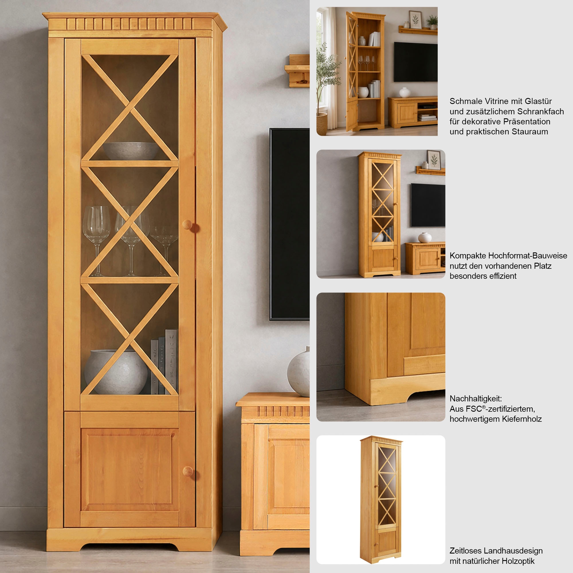 GOODproduct Vitrine »Lisa« aus schönem massivem Kiefernholz, mit einer schönen Glastürfront