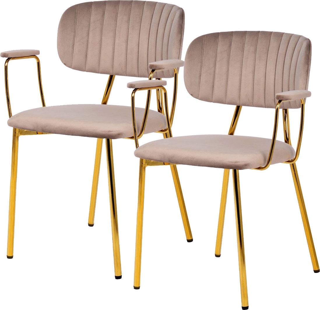 Kayoom Chaise rembourrée »Stuhl Giselle 225 2er-Set, Gestell aus Edelstahl« (Set) 2 cuismit Armlehnen, goldenes Gestell aus Edelstahl, Samtbezug, Ziernähte