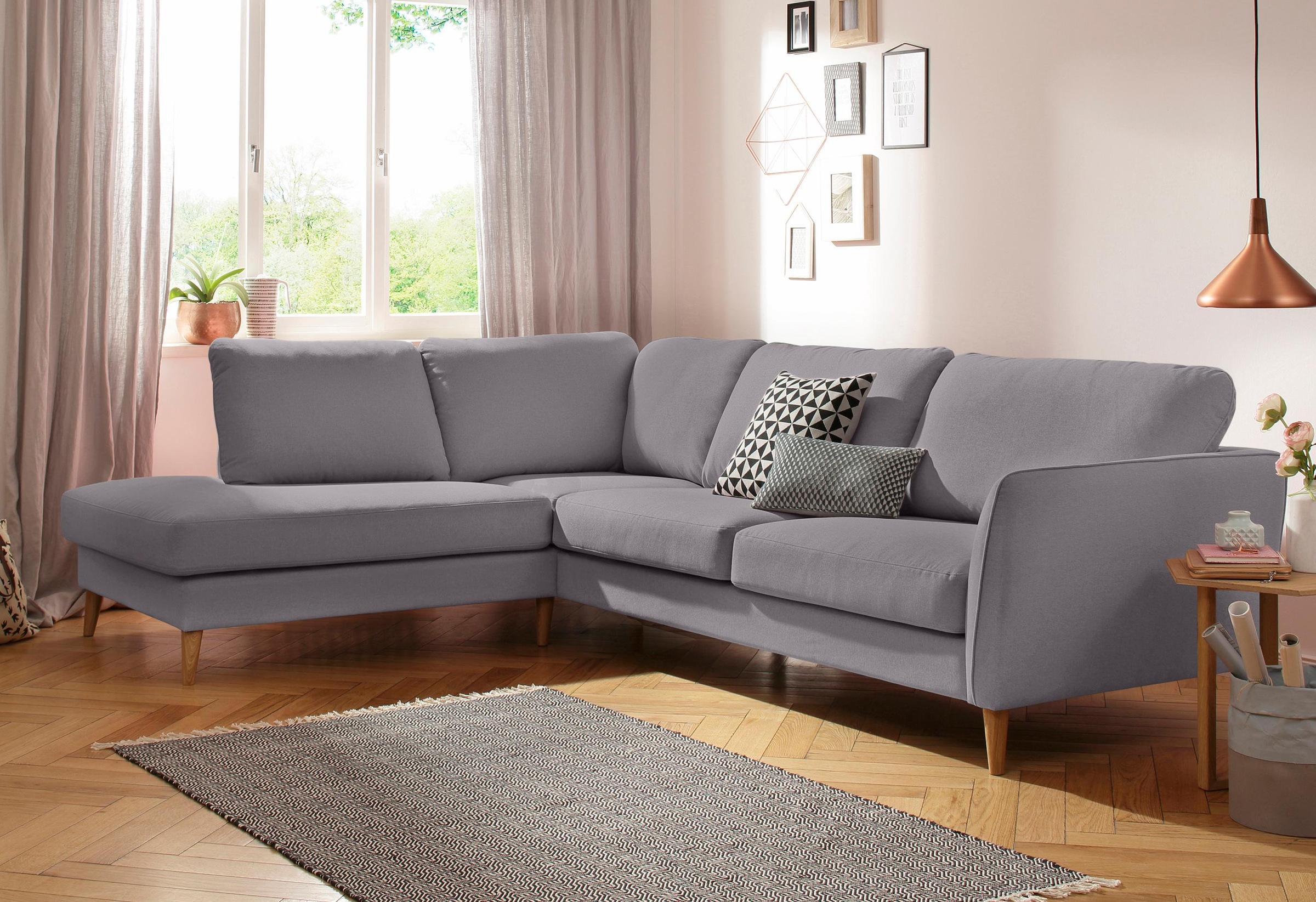 Home affaire Ecksofa »MARSEILLE 278/202 cm, L-Form, Ottom. rechts/links, verschiedene Bezüge«, Massivholzbeine Eiche, Landhausstil, Wellenunterfederung