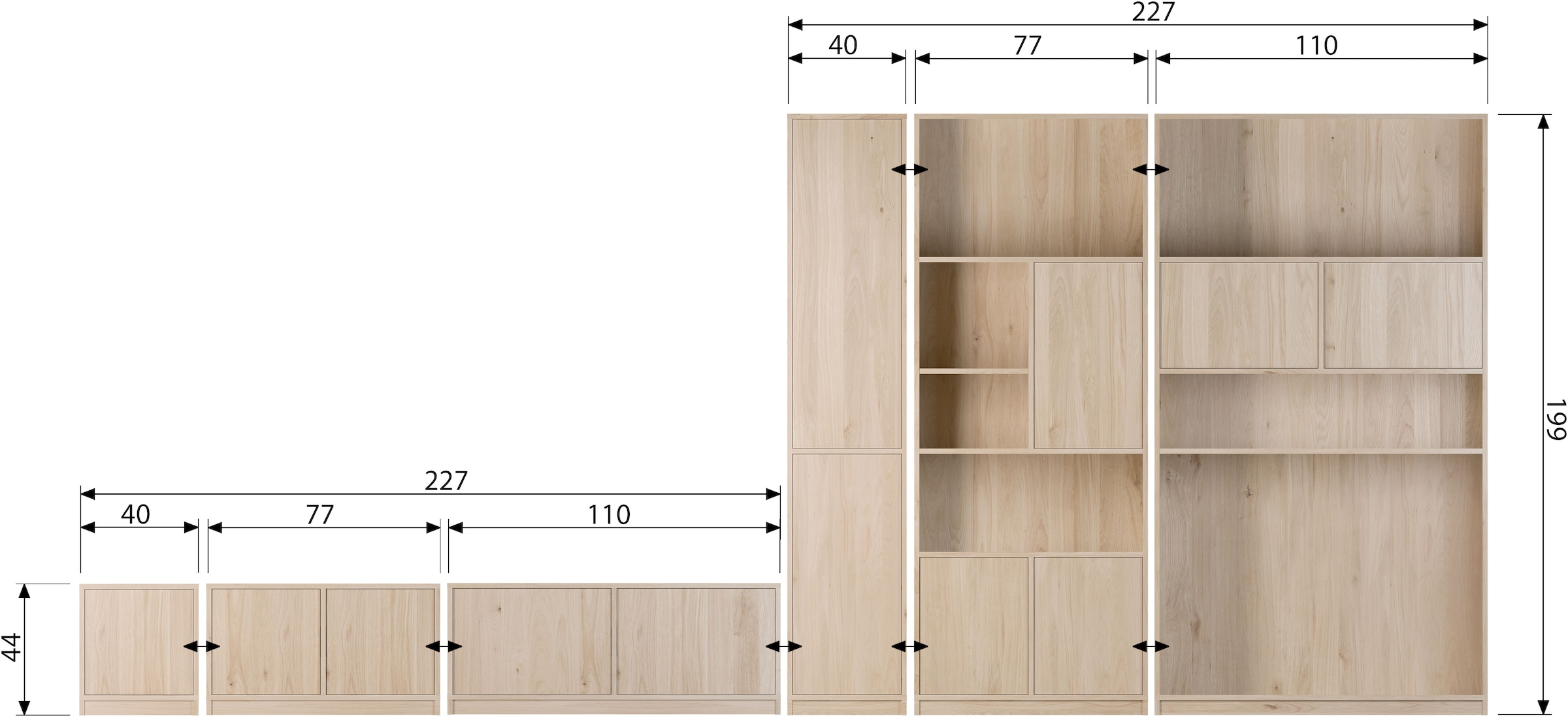 WOOOD Sideboard »Modulair mit Druckmechanismus und Eichenfurnier B 77 x T 40 x H 44 cm« Tragkraft 15 kg pro Einlegeboden, einfach zu montieren